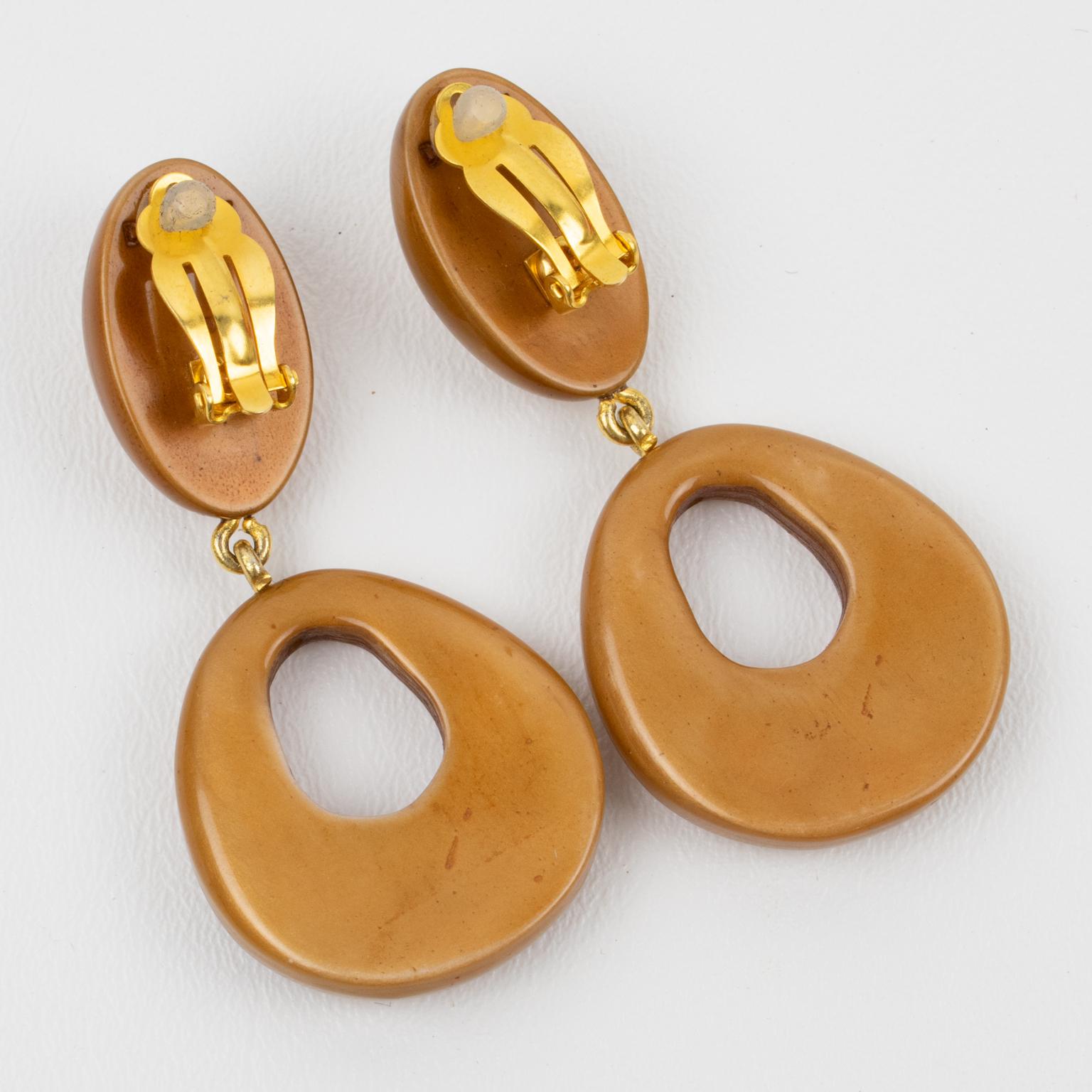 Modern Dominique Denaive Paris Caramel Pearlized Resin Dangle Clip Earrings