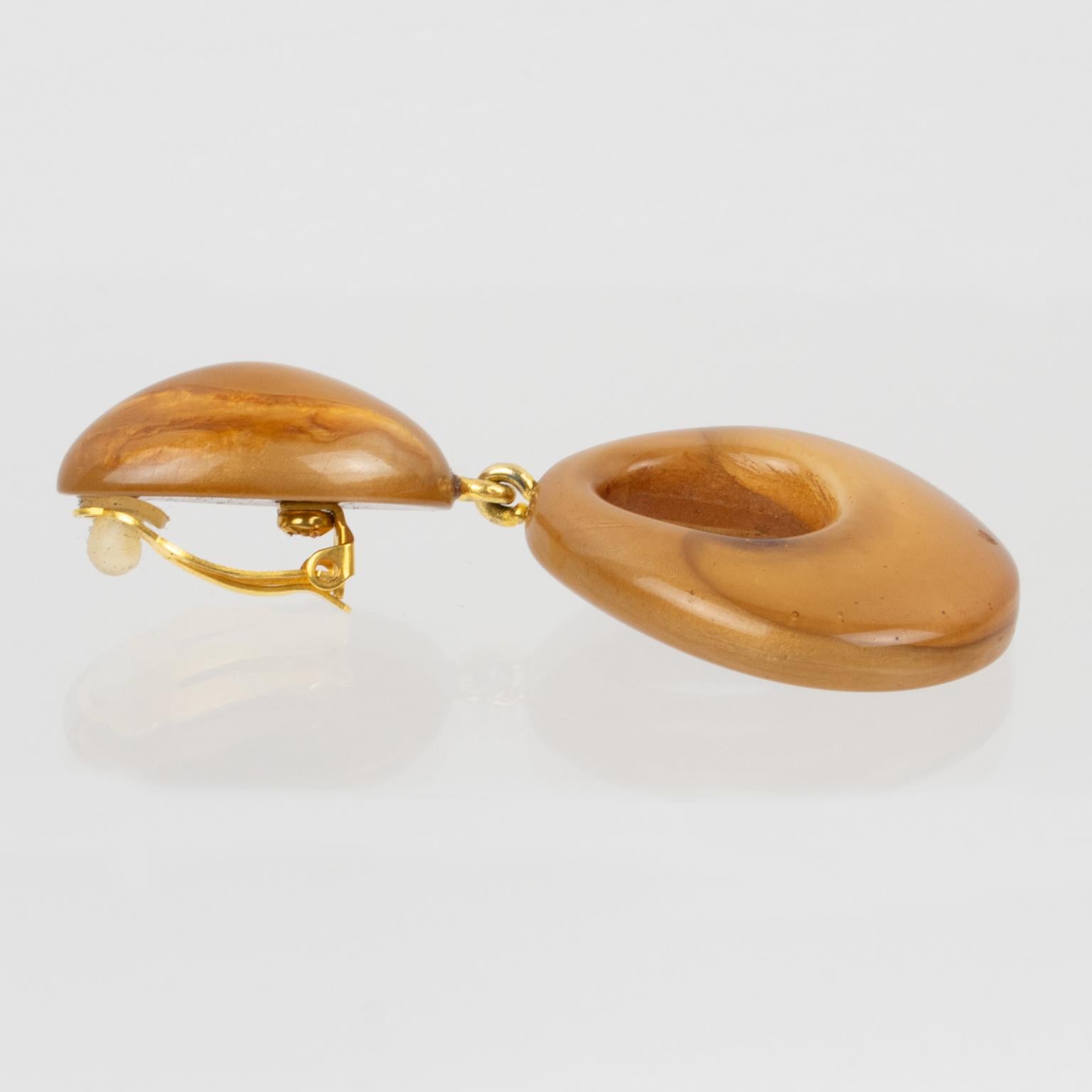 Women's or Men's Dominique Denaive Paris Caramel Pearlized Resin Dangle Clip Earrings