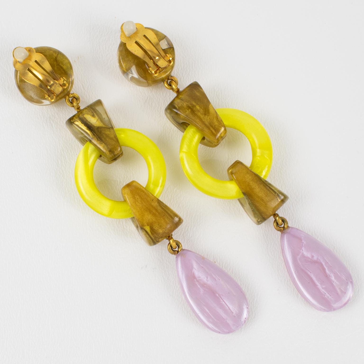 Modern Dominique Denaive Paris Gold, Lavender and Yellow Resin Dangle Clip Earrings For Sale