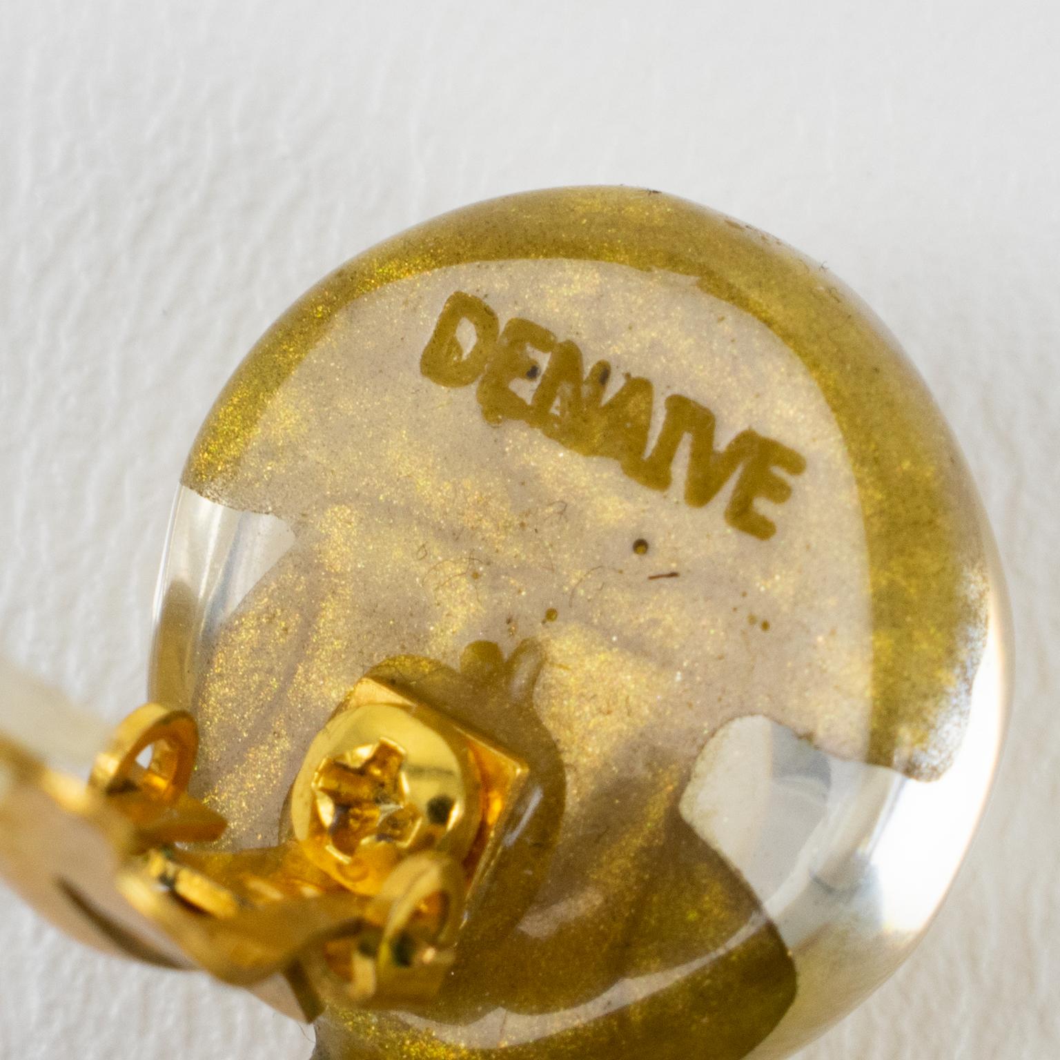 Dominique Denaive Paris Gold, Lavender and Yellow Resin Dangle Clip Earrings In Excellent Condition For Sale In Atlanta, GA