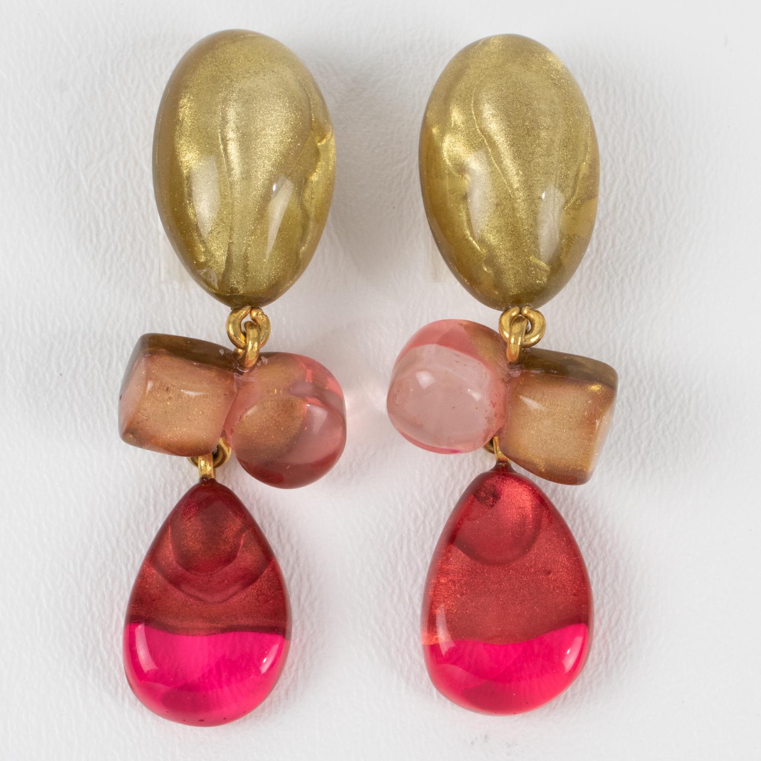 Modern Dominique Denaive Paris Gold, Pink and Fuchsia Resin Dangle Clip Earrings For Sale