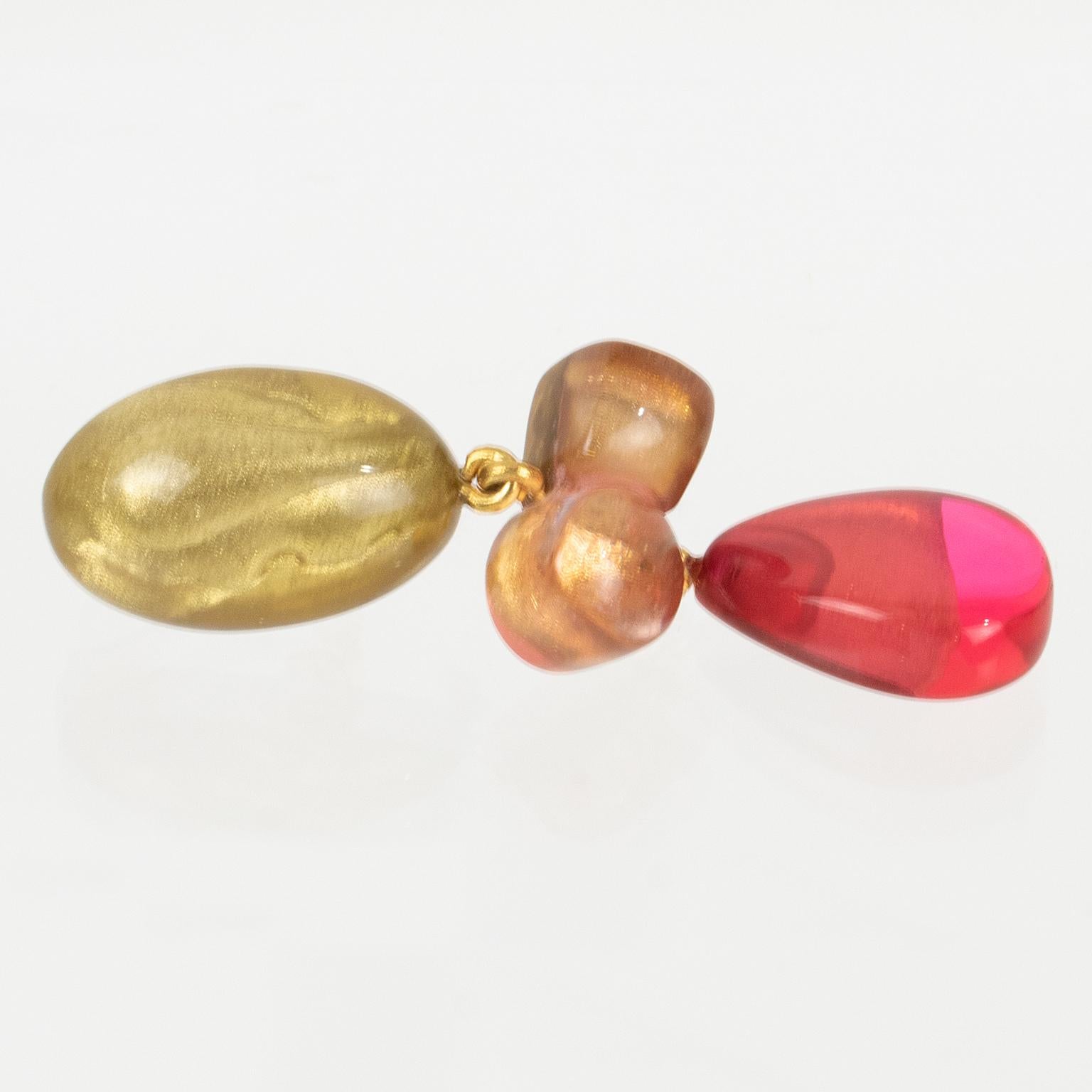 Dominique Denaive Paris Gold, Pink and Fuchsia Resin Dangle Clip Earrings For Sale 1