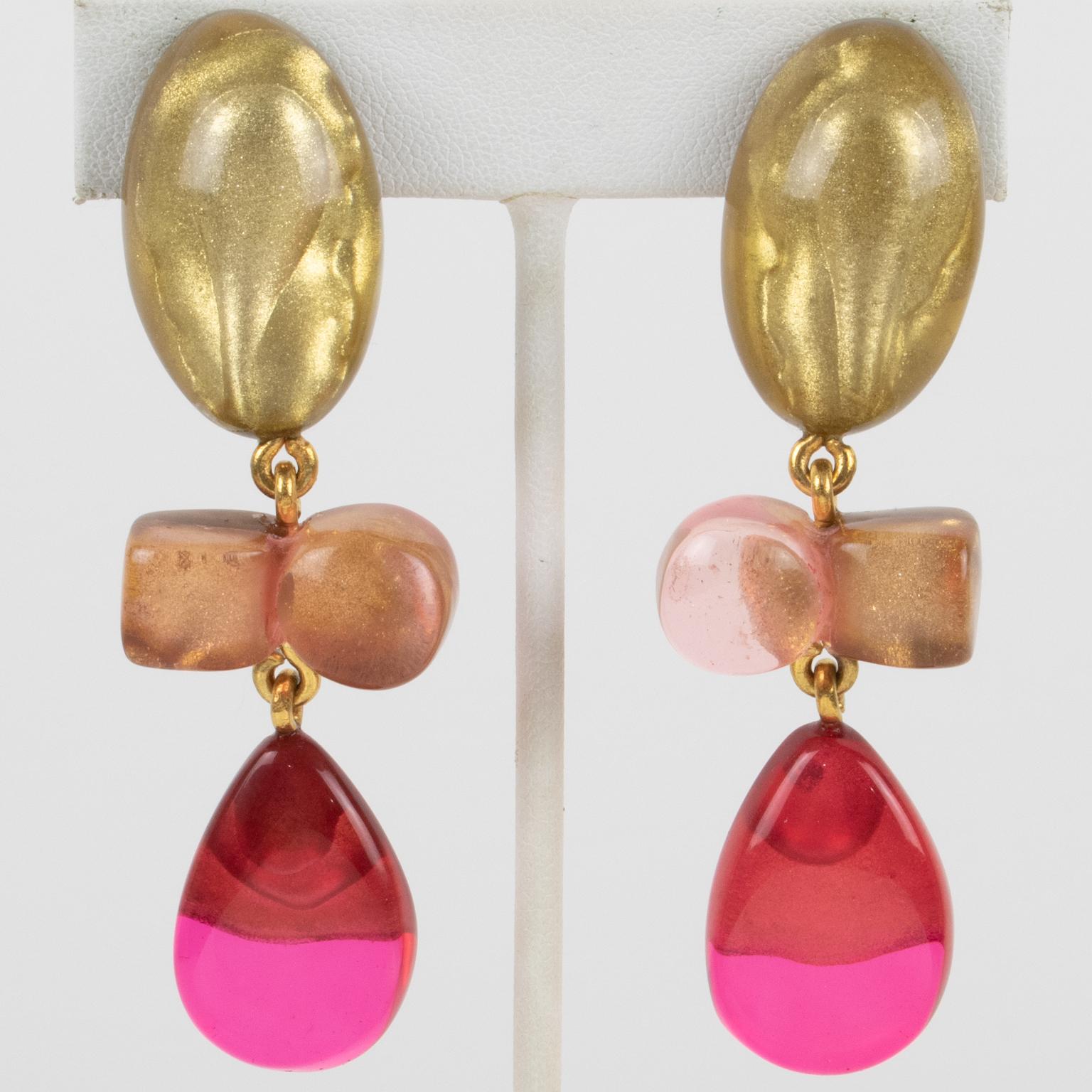 Dominique Denaive Paris Gold, Pink and Fuchsia Resin Dangle Clip Earrings For Sale 3