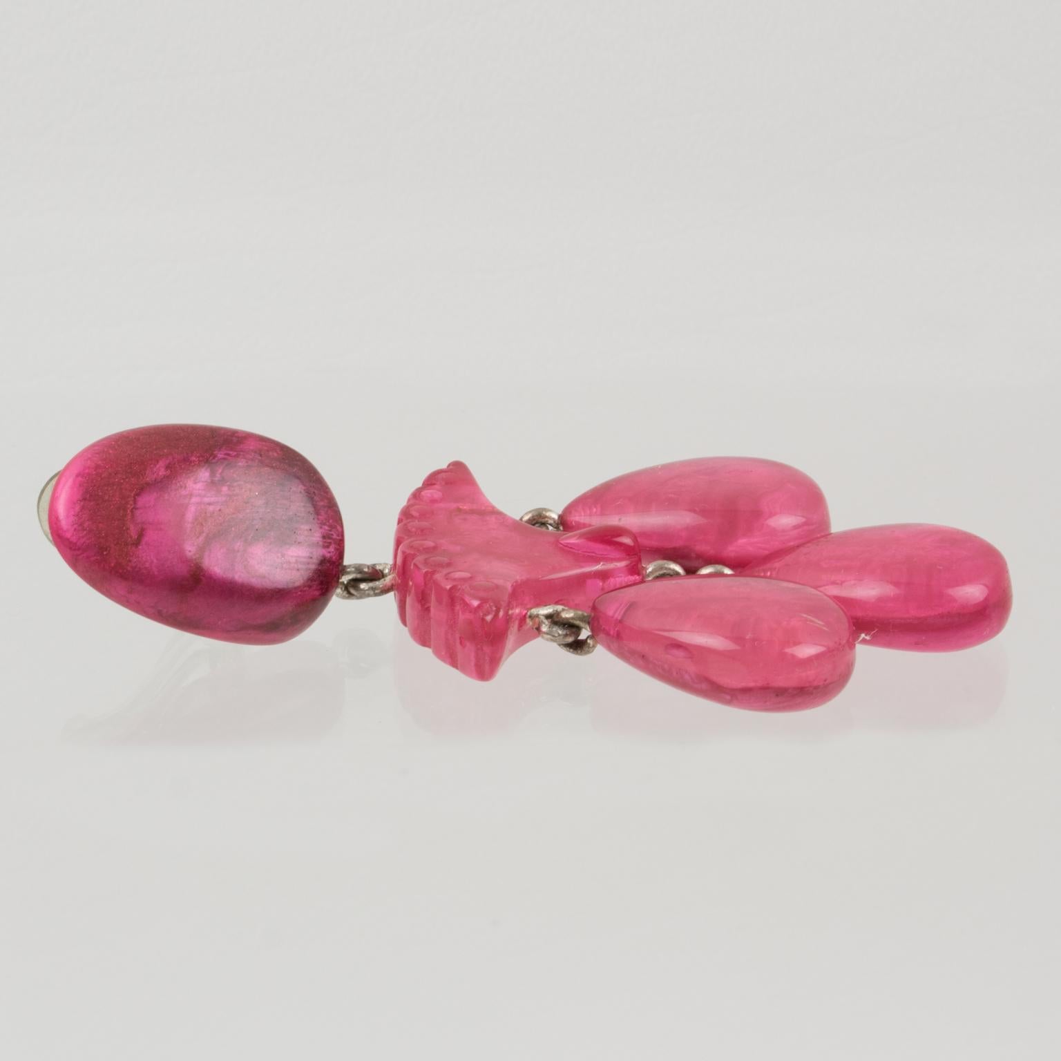 Modern Dominique Denaive Paris Hot Pink Resin Dangle Clip Earrings