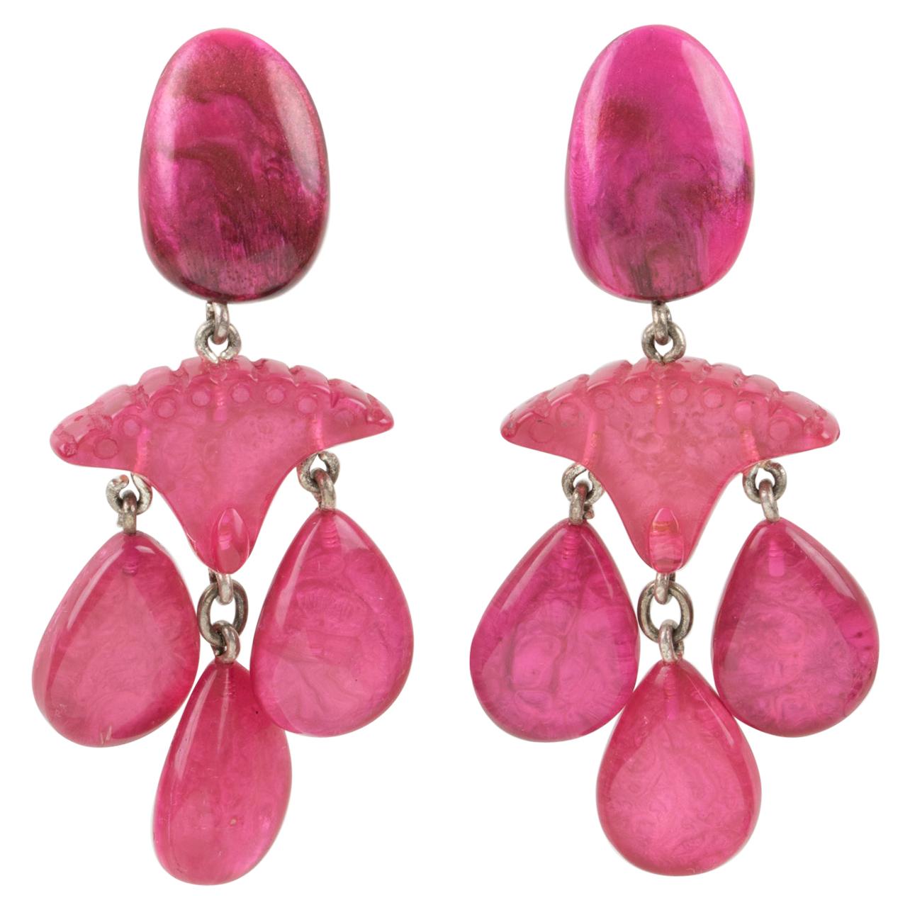 Dominique Denaive Paris Hot Pink Resin Dangle Clip Earrings