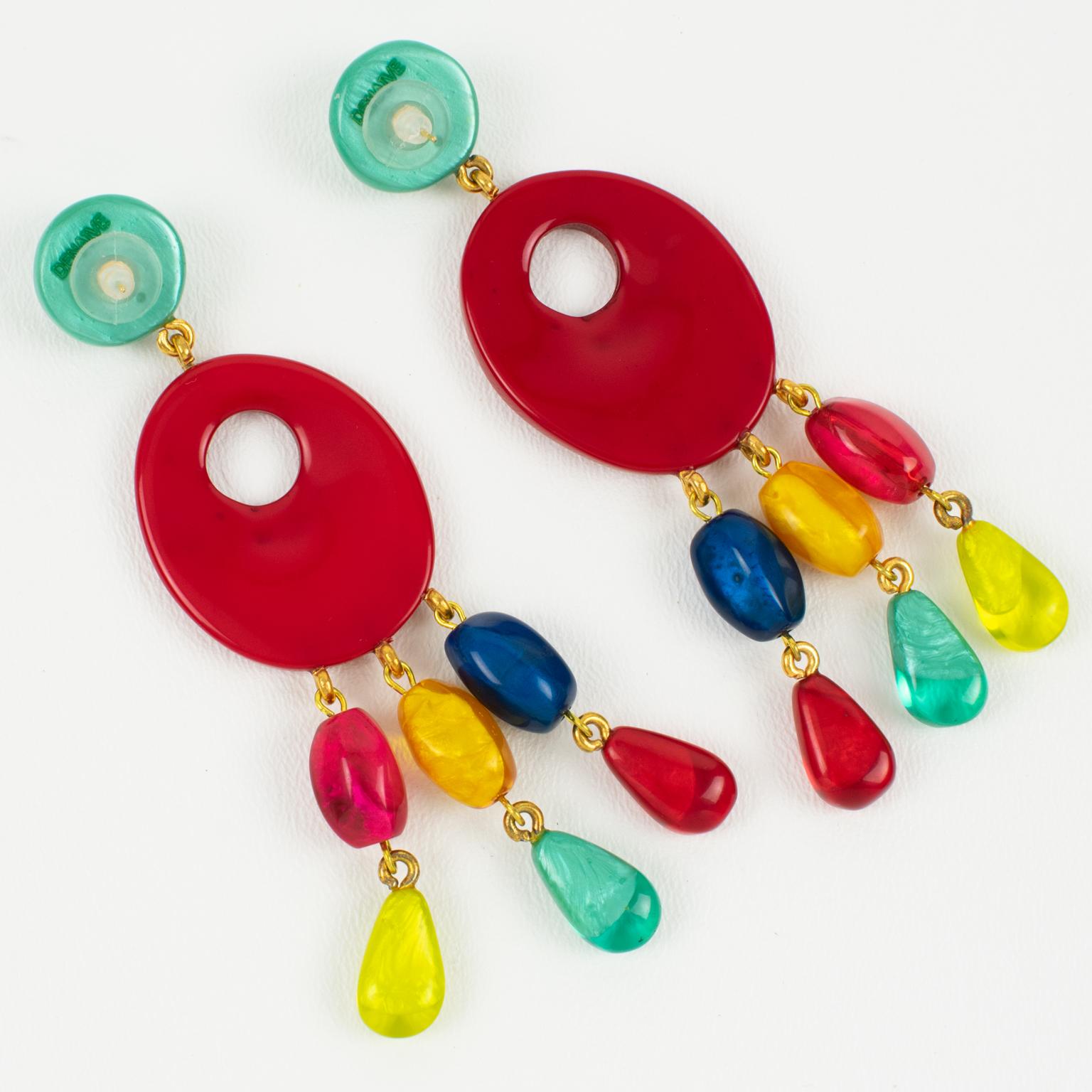 Dominique Denaive Paris Multicolor Resin Dangle Pierced Earrings In Excellent Condition For Sale In Atlanta, GA