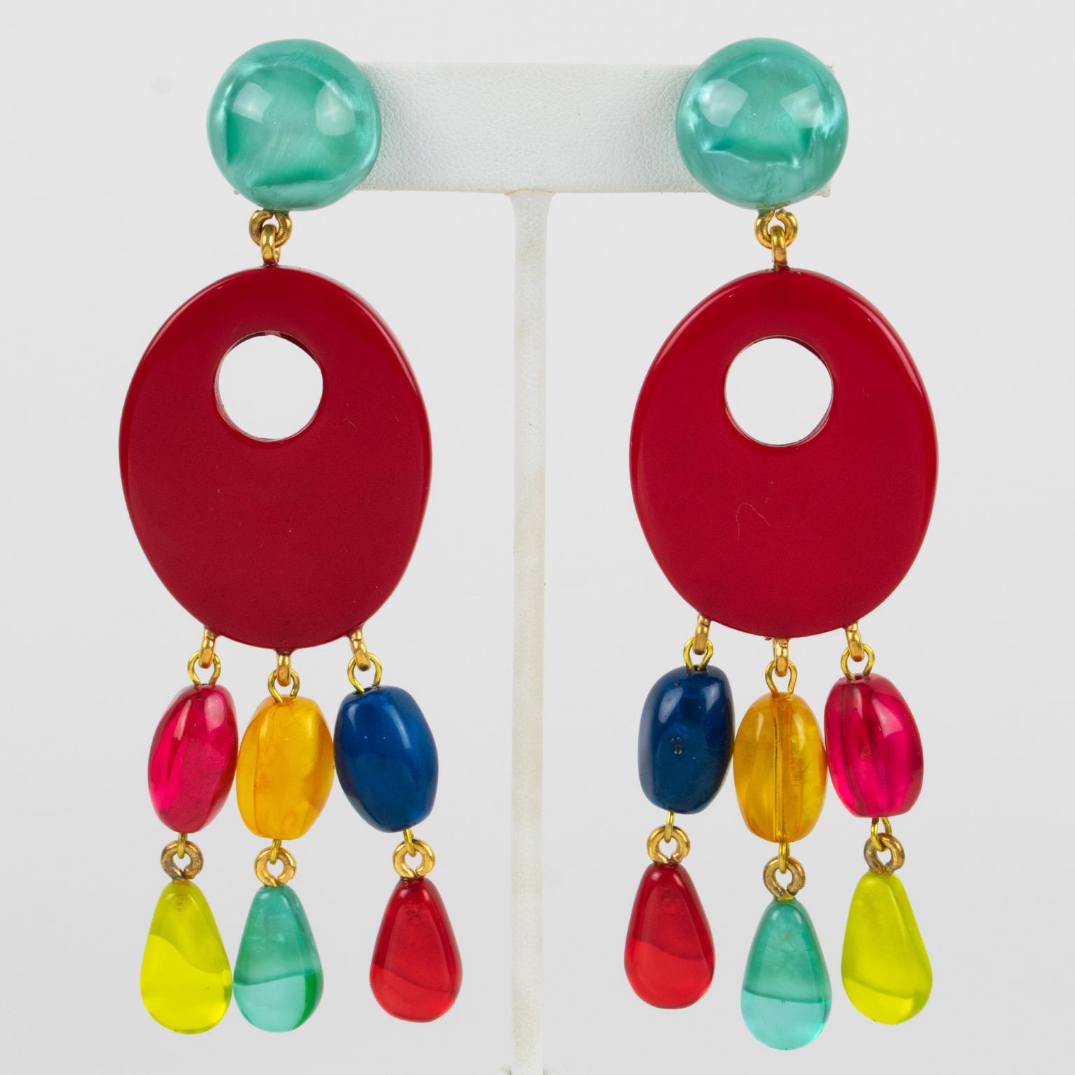 Dominique Denaive Paris Multicolor Resin Dangle Pierced Earrings For Sale 2