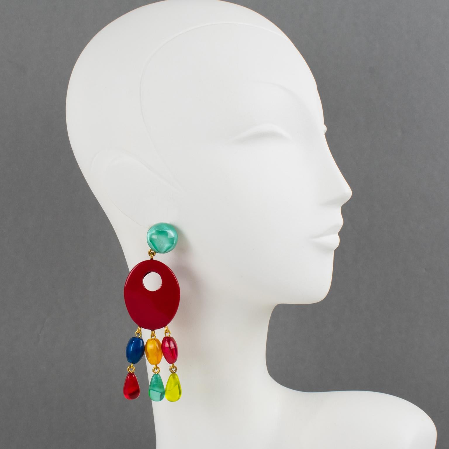 Dominique Denaive Paris Multicolor Resin Dangle Pierced Earrings For Sale 4