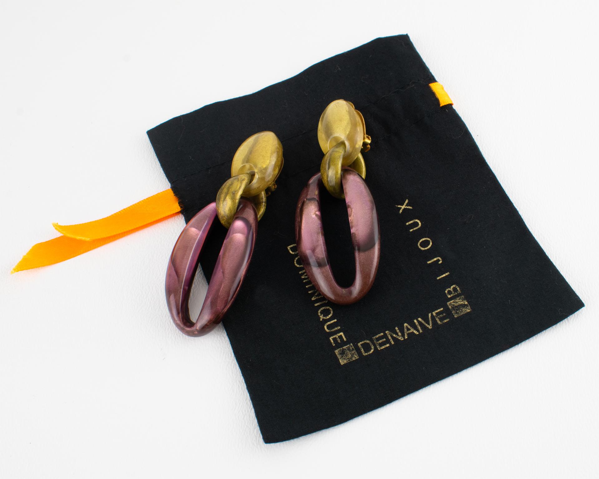 Dominique Denaive Paris Purple and Gold Pearlized Resin Dangle Clip Earrings en venta 5