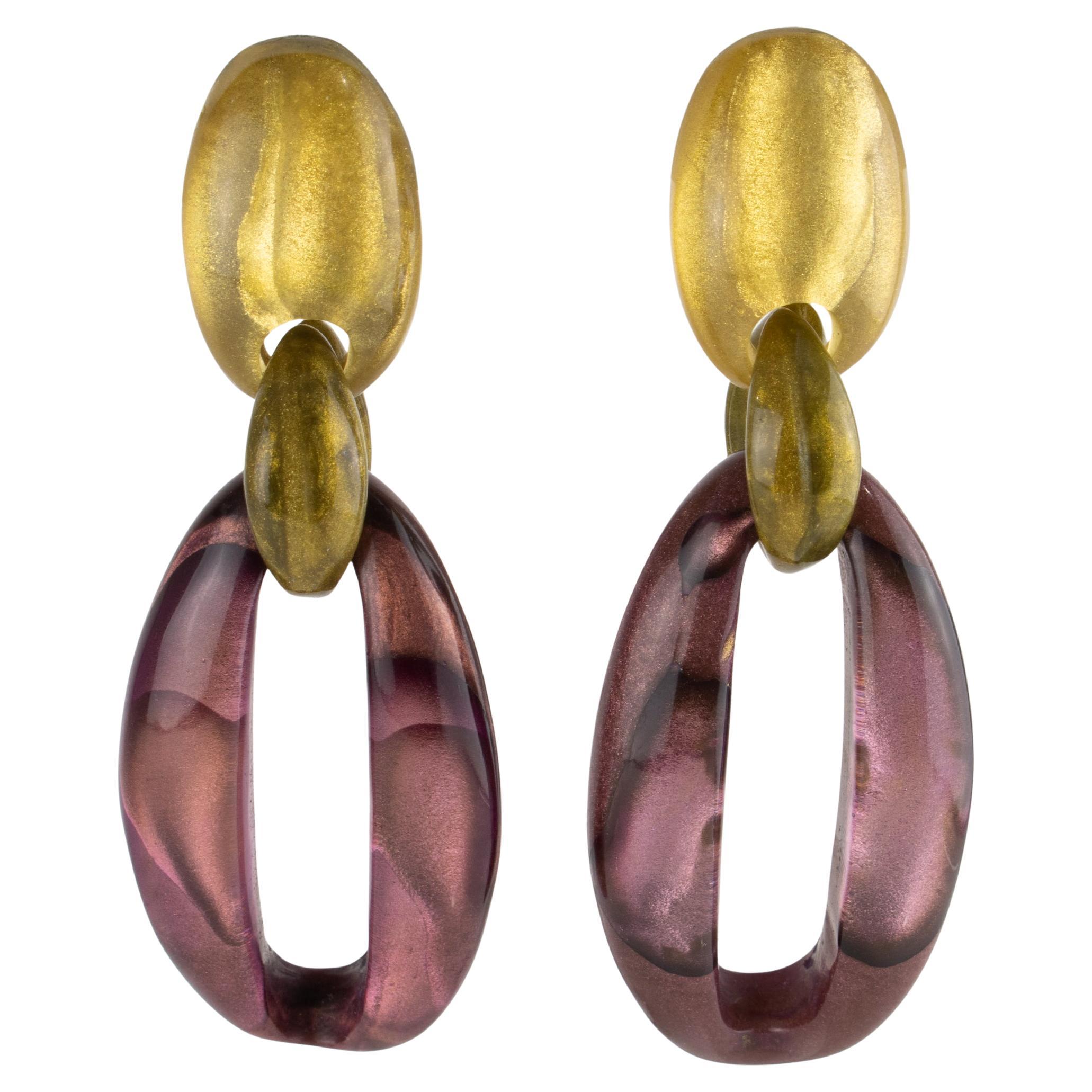 Dominique Denaive Paris Purple and Gold Pearlized Resin Dangle Clip Earrings en venta