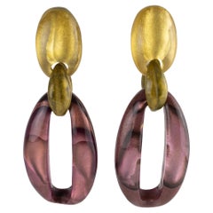 Dominique Denaive Paris Purple and Gold Pearlized Resin Dangle Clip Earrings