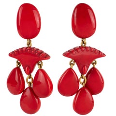 Dominique Denaive Paris Red Resin Dangle Clip Earrings