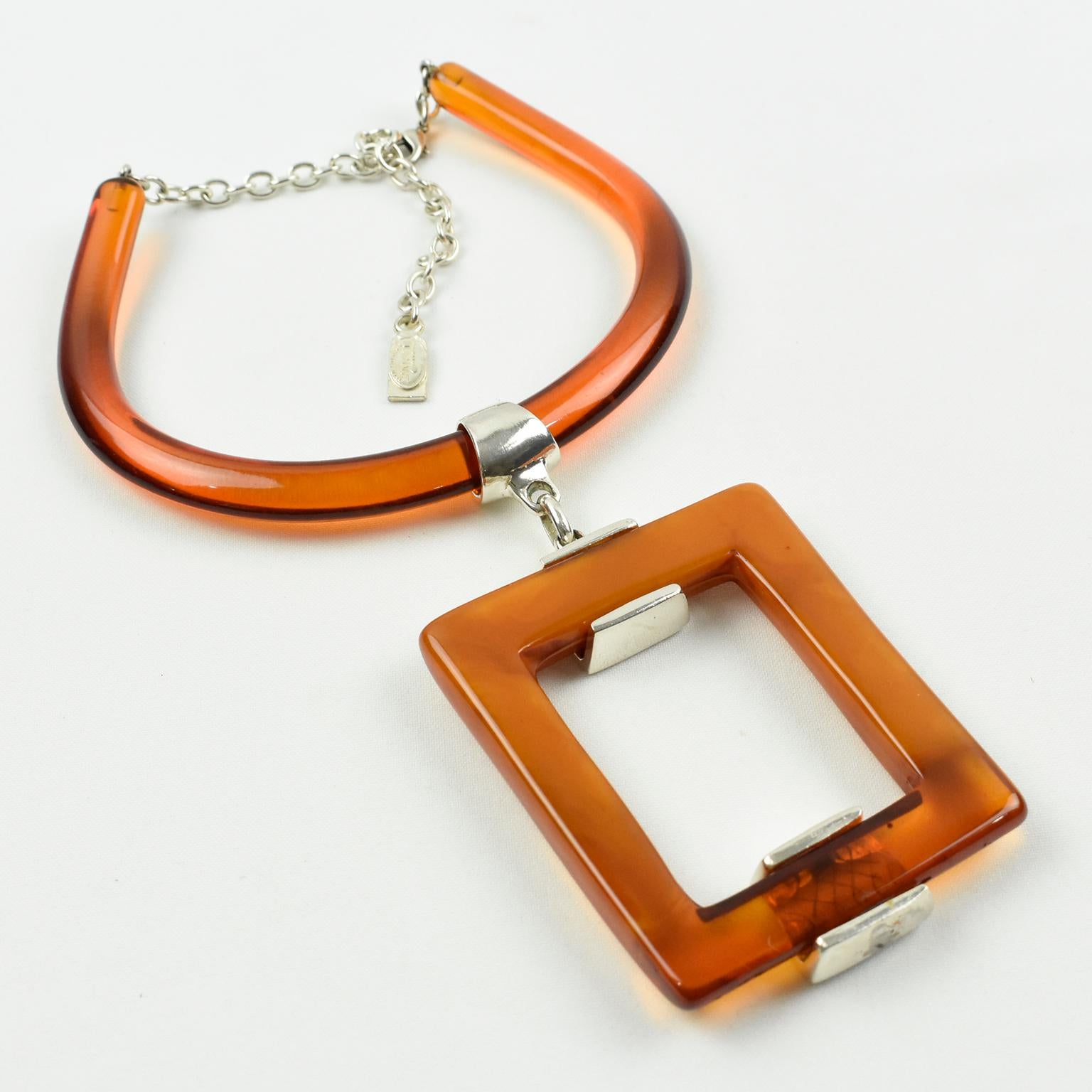 Dominique Denaive Paris Sculptural Orange Resin Modernist Pendant Necklace 3