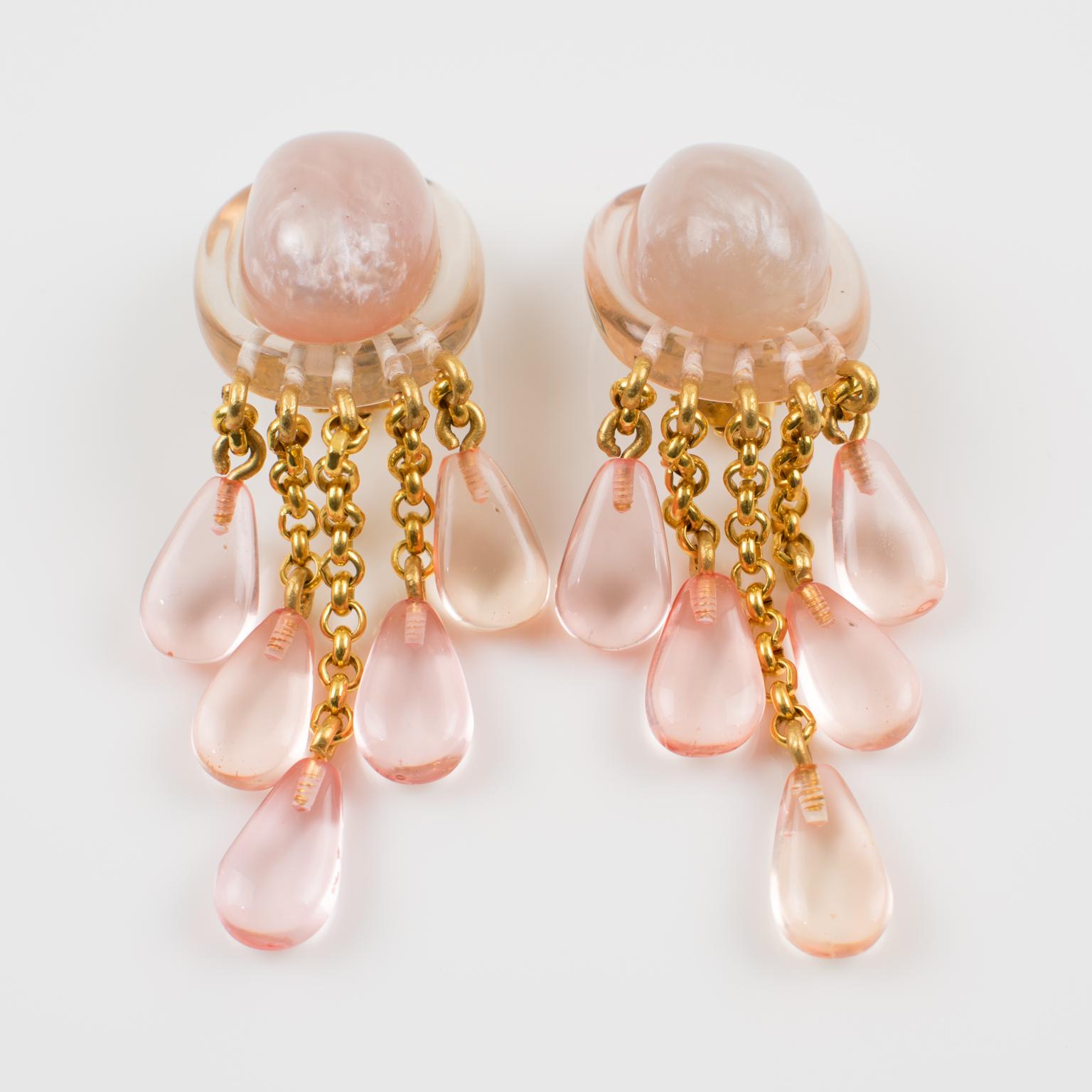 Modern Dominique Denaive Paris Signed Pearlized Pink Resin Dangling Clip on Earrings