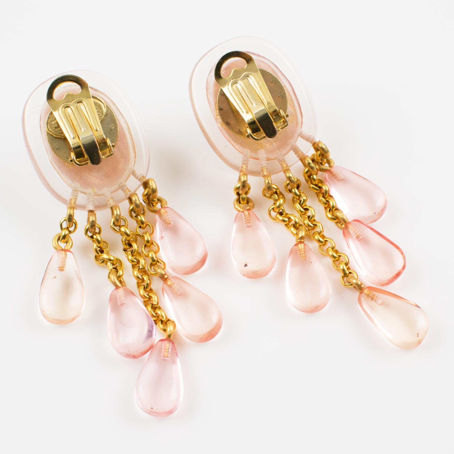 Women's or Men's Dominique Denaive Paris Signed Pearlized Pink Resin Dangling Clip on Earrings