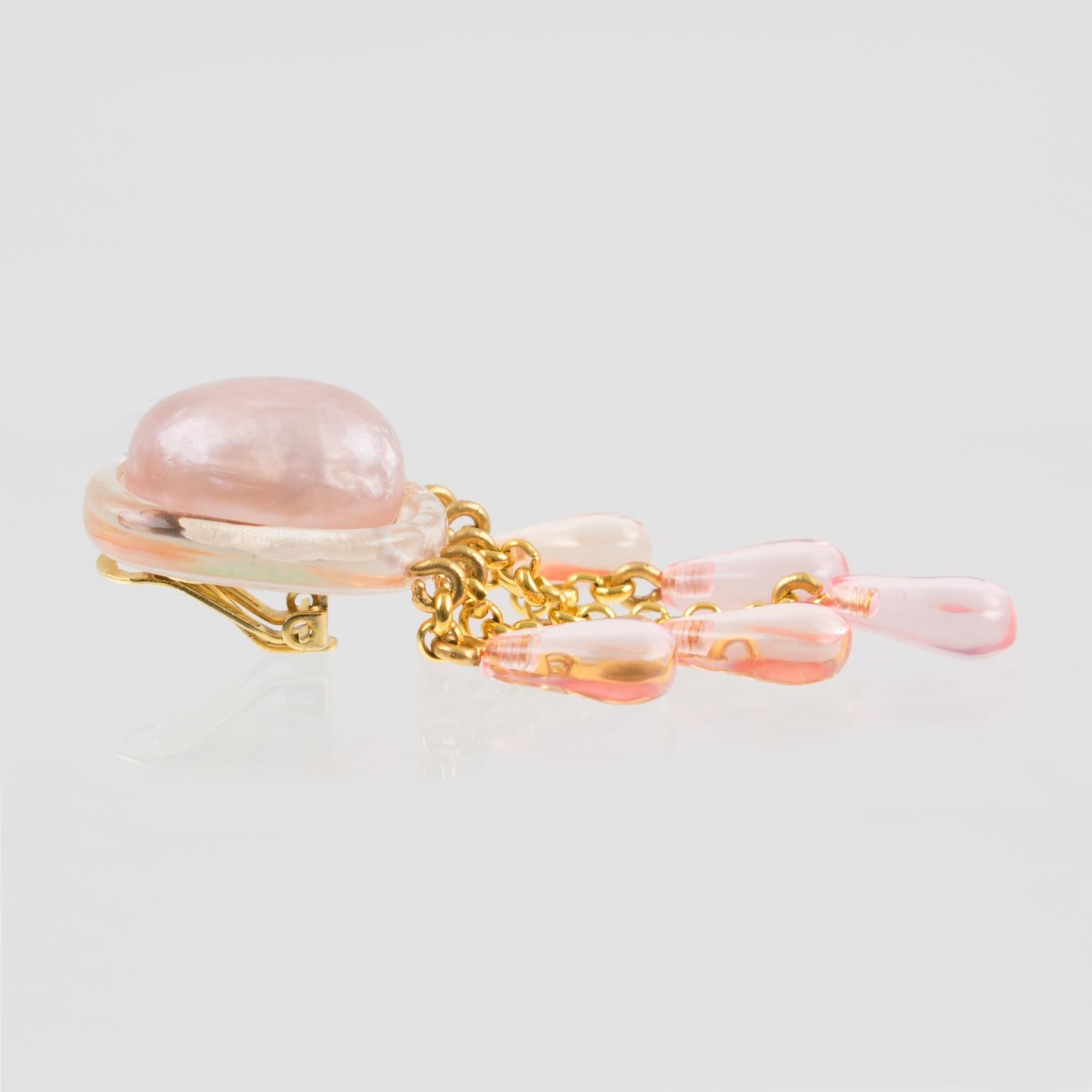Dominique Denaive Paris Signed Pearlized Pink Resin Dangling Clip on Earrings 2