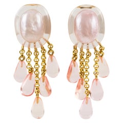 Dominique Denaive Paris Signed Pearlized Pink Resin Dangling Clip on Earrings