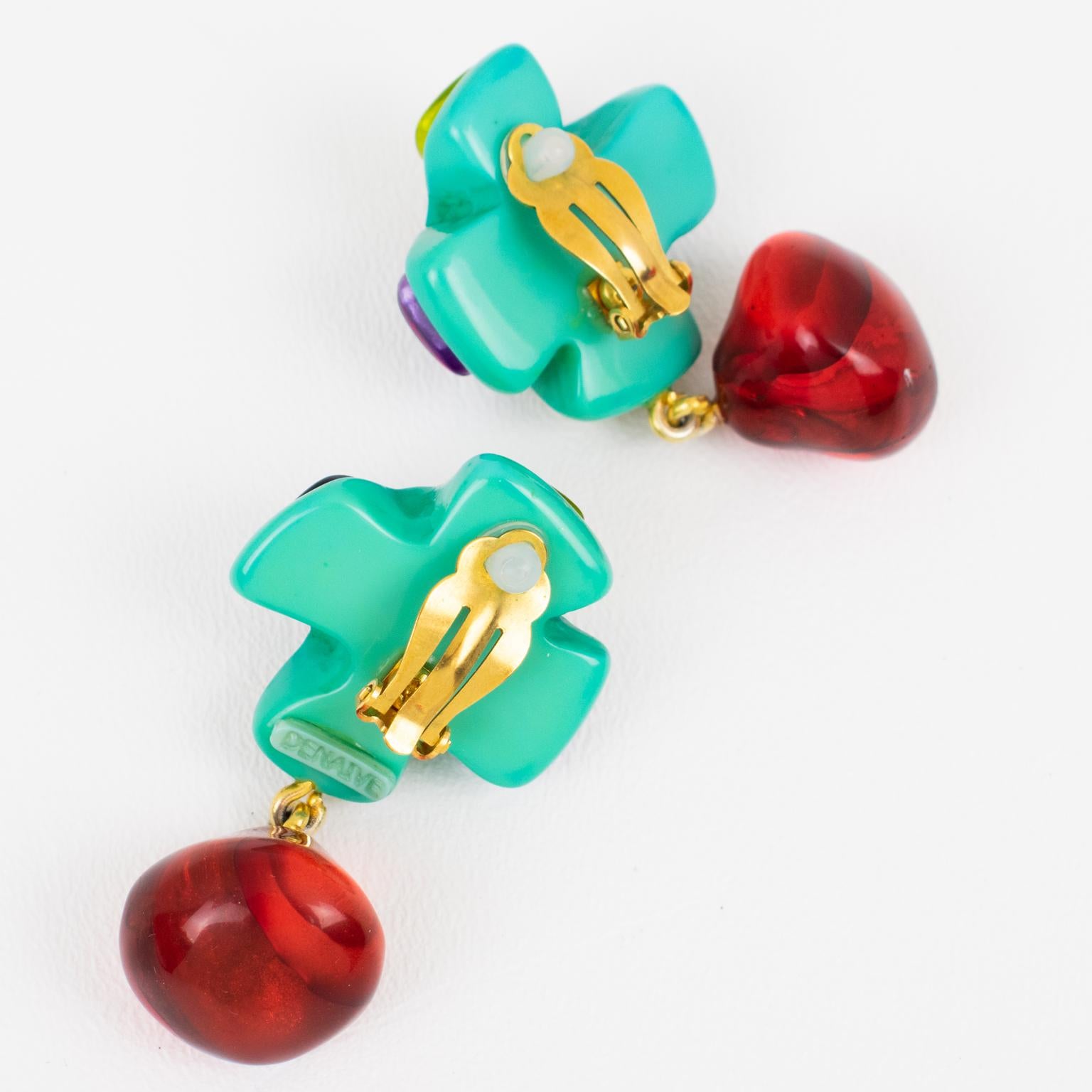 Dominique Denaive Turquoise and Multicolor Resin Earrings In Excellent Condition For Sale In Atlanta, GA