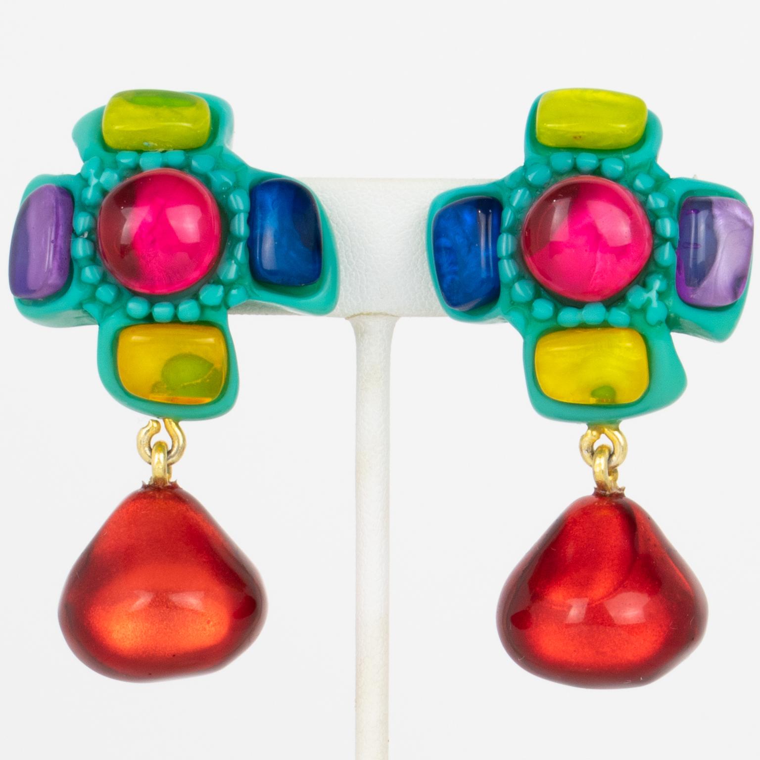 Dominique Denaive Turquoise and Multicolor Resin Earrings For Sale 2