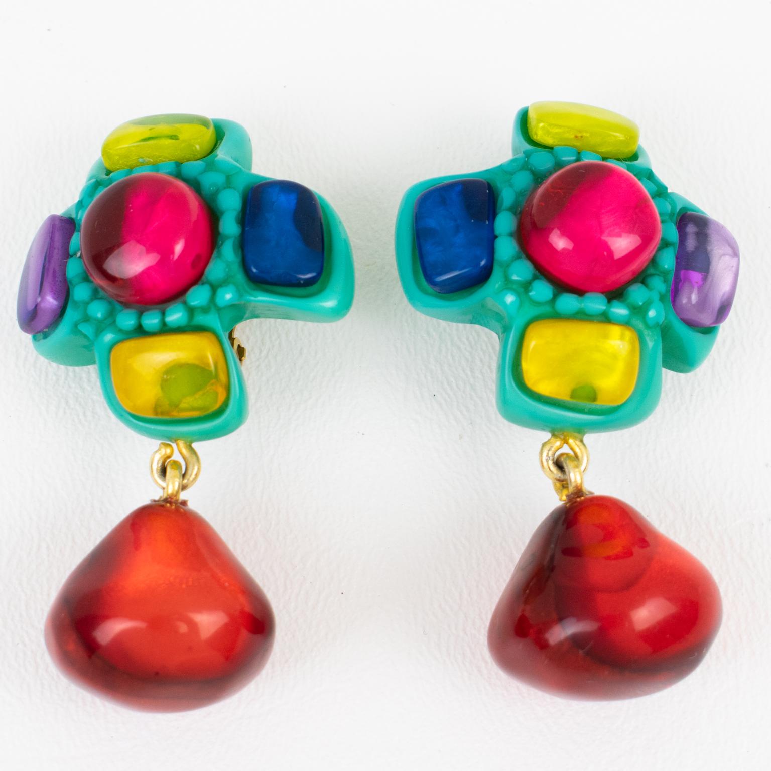 Dominique Denaive Turquoise and Multicolor Resin Earrings For Sale 3