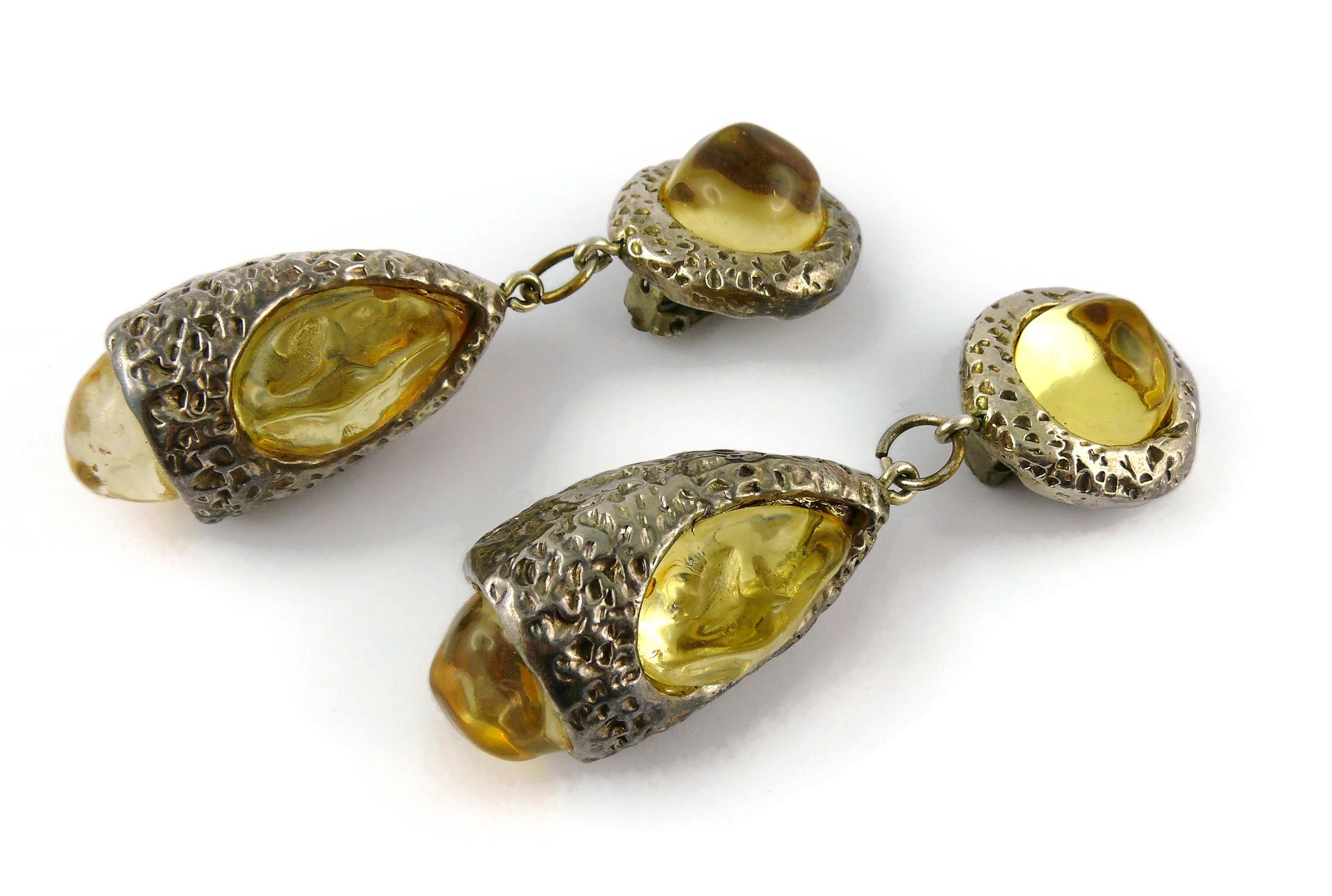 Dominique Denaive Vintage Silver Toned Yellow Resin Necklace and Earrings Set For Sale 7