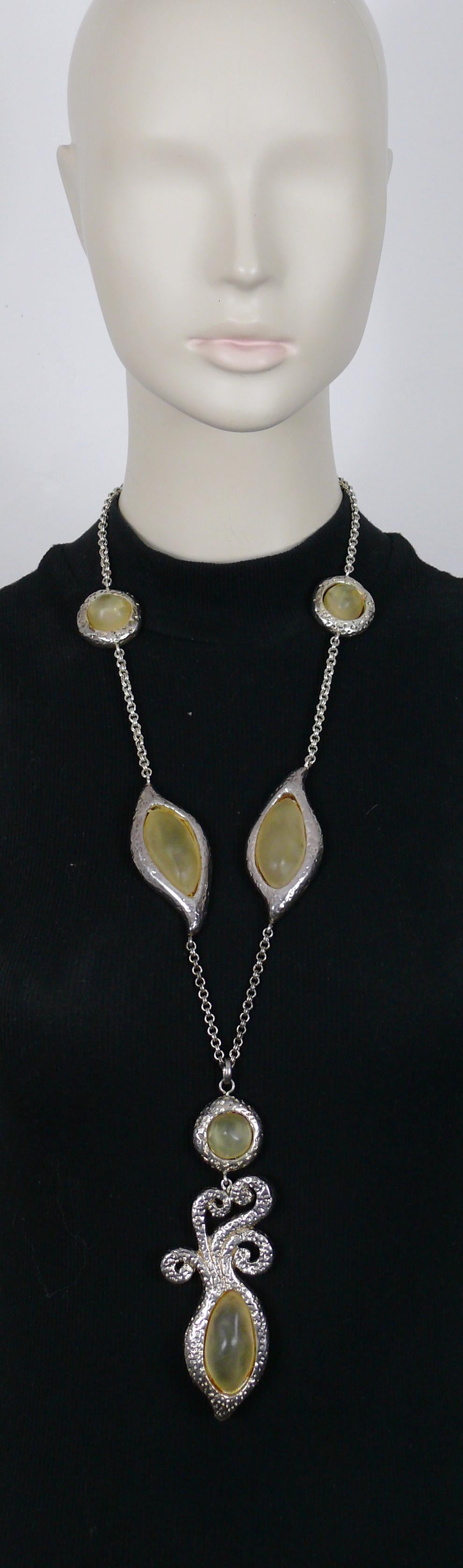 DOMINIQUE DENAIVE vintage textured silver toned necklace and dangling earrings (clip-on) set embellished with freeform shape yellow resin cabochons.

Silver tone metal hardware.

NECKLACE features a silver toned link chain, freeform shape textured