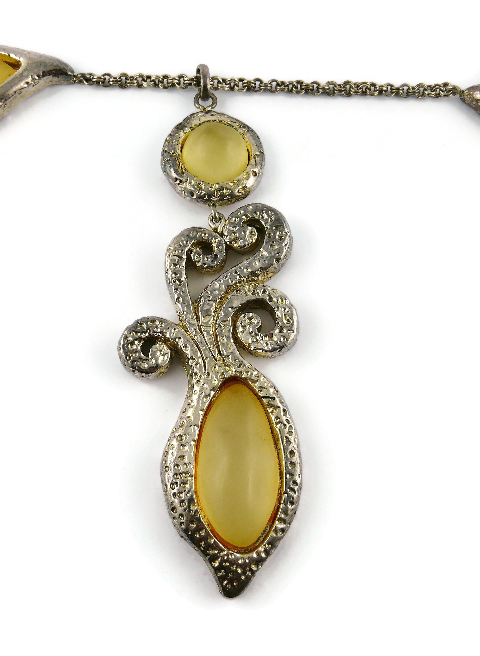Dominique Denaive Vintage Silver Toned Yellow Resin Necklace and Earrings Set In Fair Condition For Sale In Nice, FR