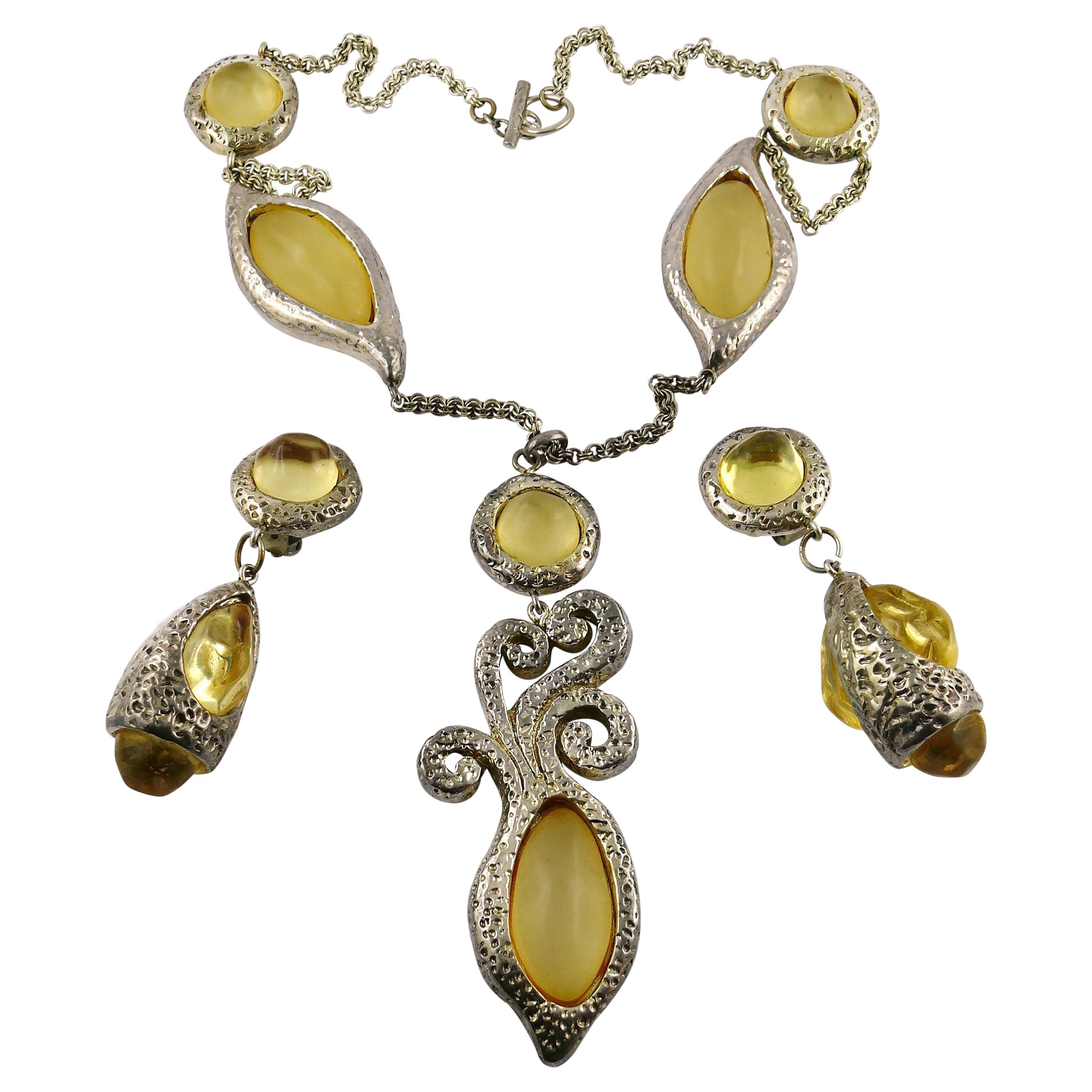 Dominique Denaive Vintage Silver Toned Yellow Resin Necklace and Earrings Set