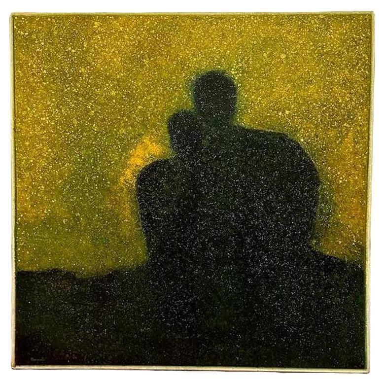 Against a backdrop of deep, brilliant yellow gold, two distinct zones emerge: the outlines of a shadow formed by a pair of human silhouettes, probably a couple, appear. The golden background plays an essential role in this oil by Dominique Dorie,
