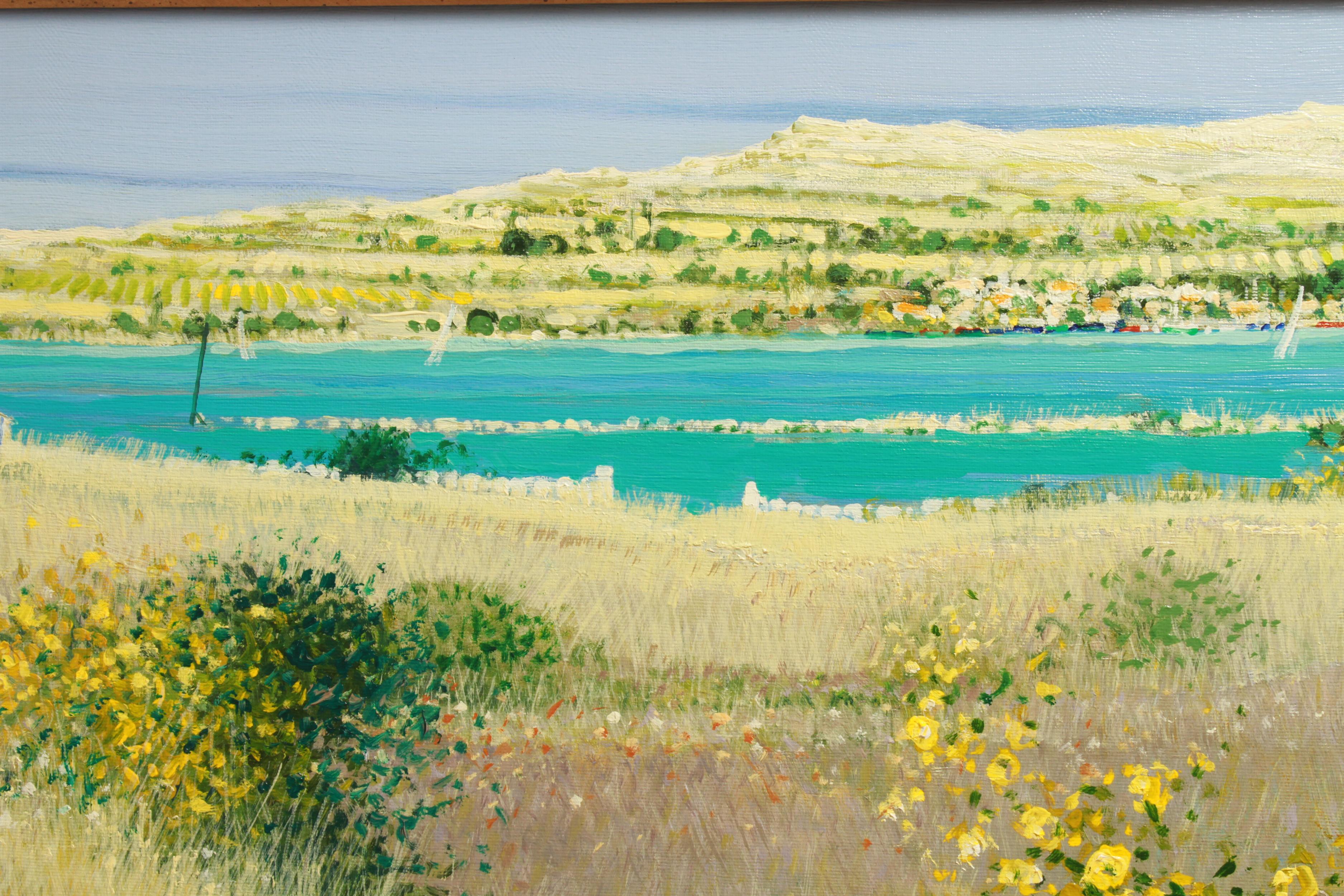 Framed oil on canvas painting by Dominique Dorie (French b. 1958), titled 'Rivages du Sud', depicting a landscape with water, flower fields and boats. The piece is signed in the lower left corner and titled and signed on the reverse.
In great