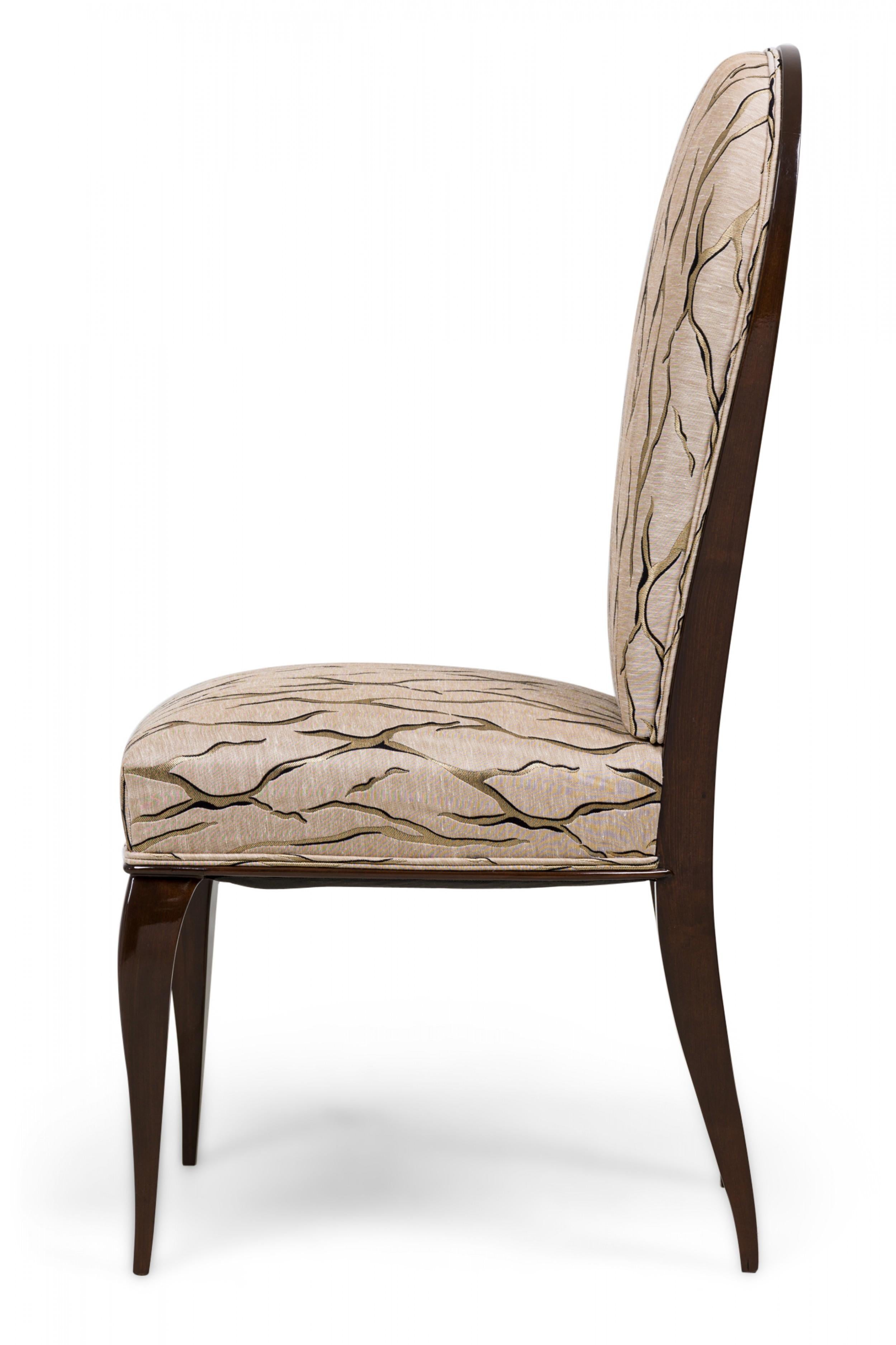 20th Century Dominique et Cie French Art Deco Mahogany Beige & Gold Upholstered Dining Chairs For Sale