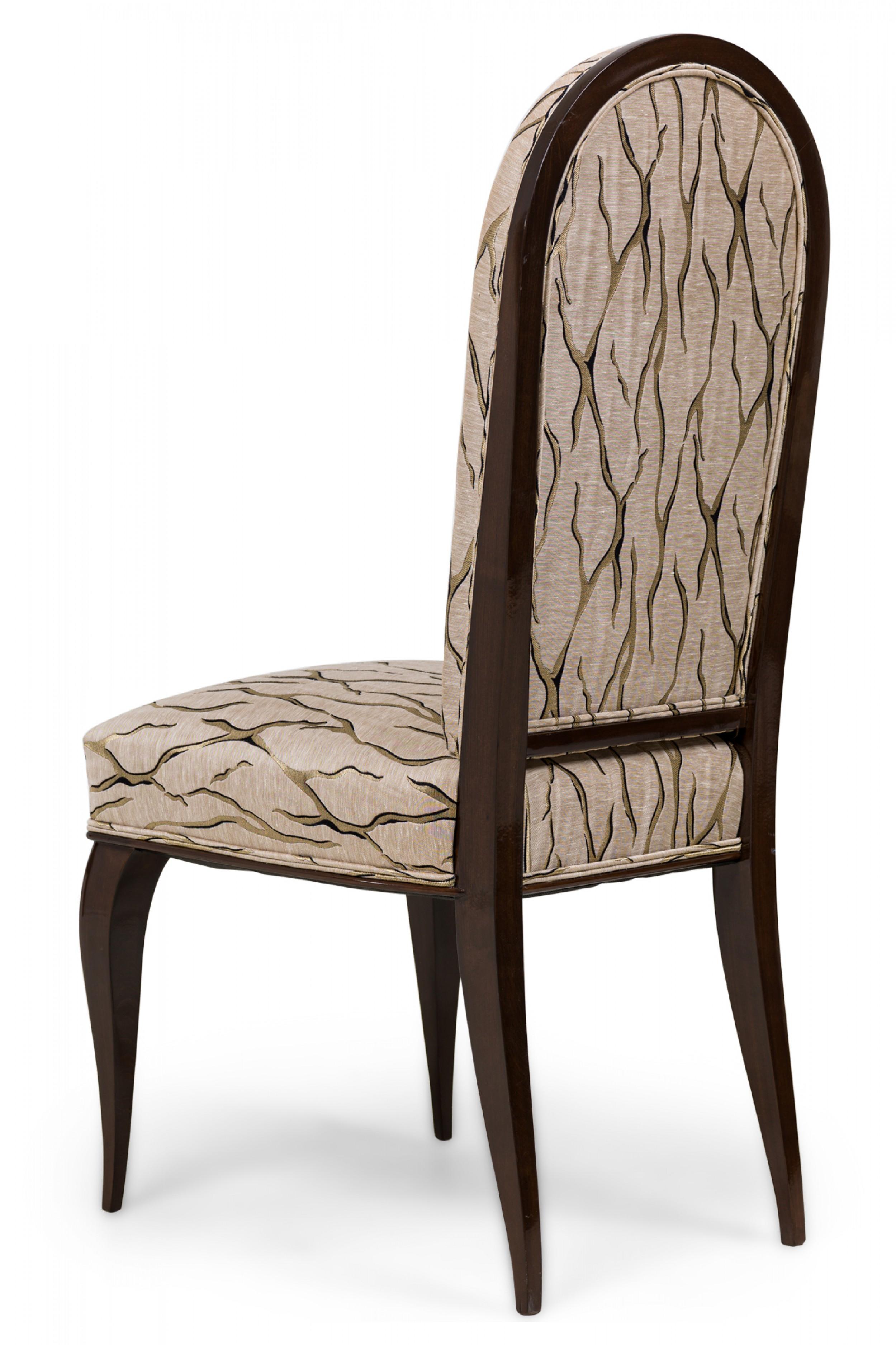 Wood Dominique et Cie French Art Deco Mahogany Beige & Gold Upholstered Dining Chairs For Sale