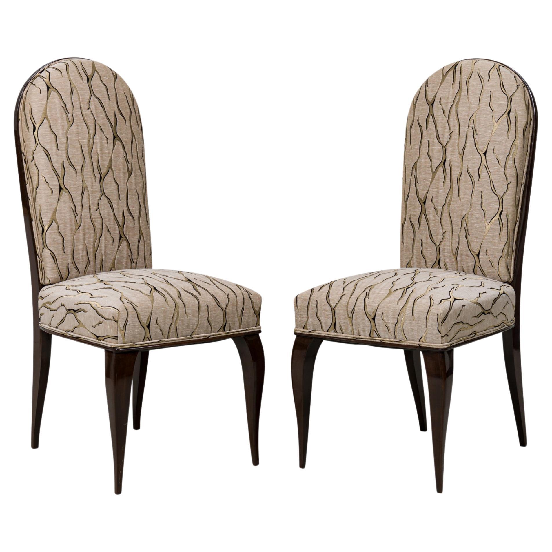 Dominique et Cie French Art Deco Mahogany Beige & Gold Upholstered Dining Chairs For Sale