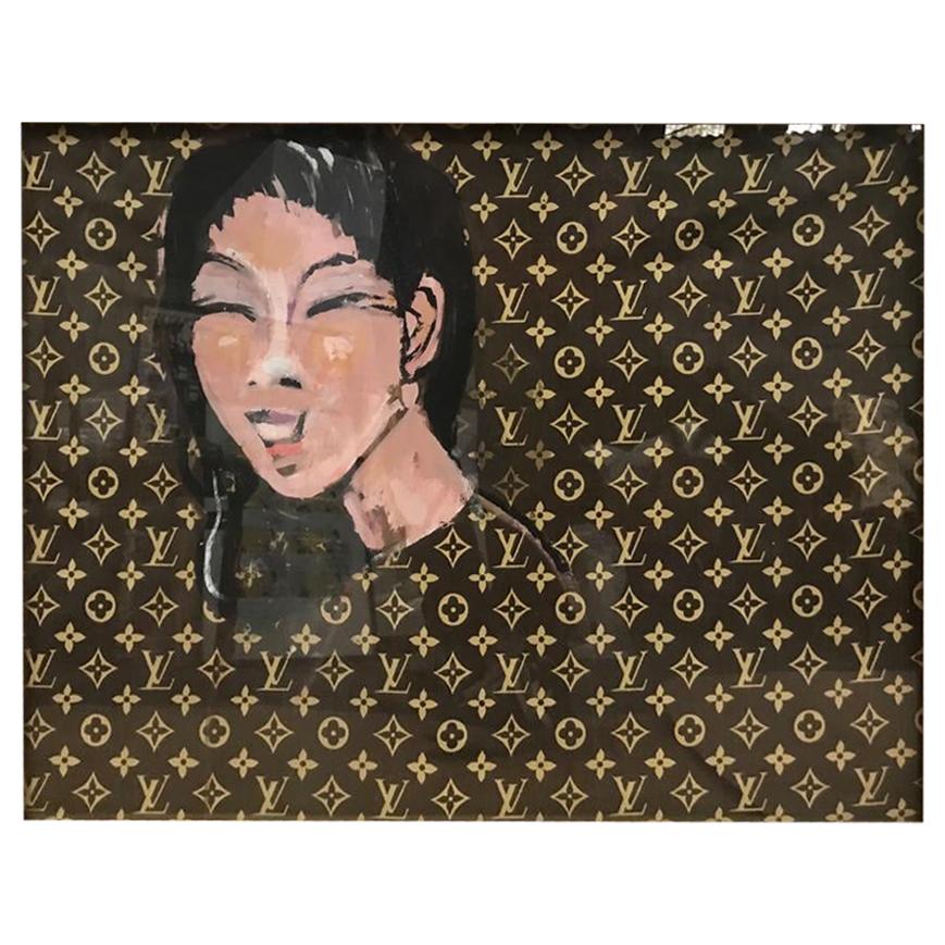 Dominique Larrivaz "Asian Woman" Painting on Louis Vuitton Canvas, French, 2015 For Sale