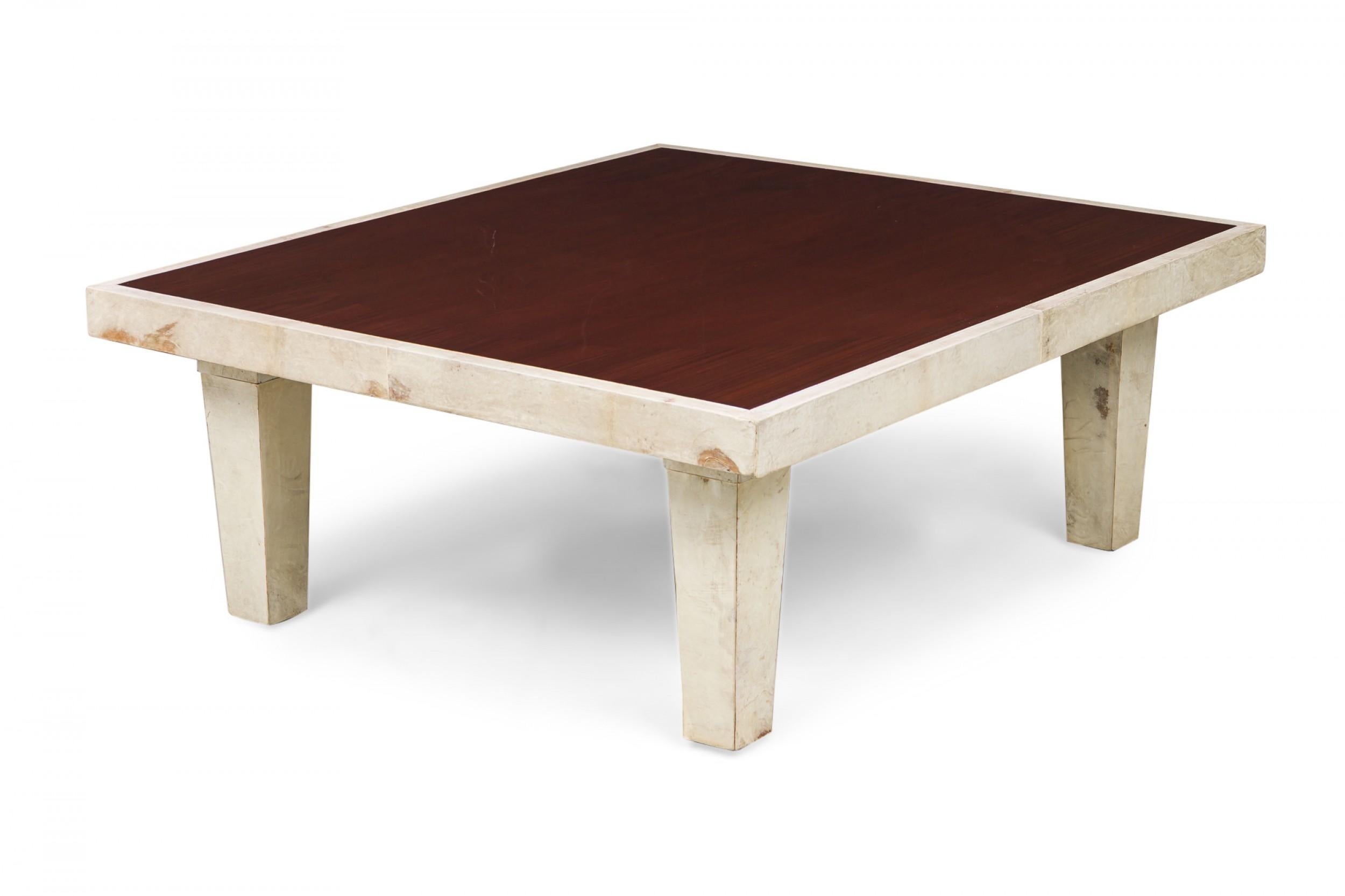Late Art Deco Ebony De Macassar, palisander and parchment low square form coffee table (DOMIINIQUE)