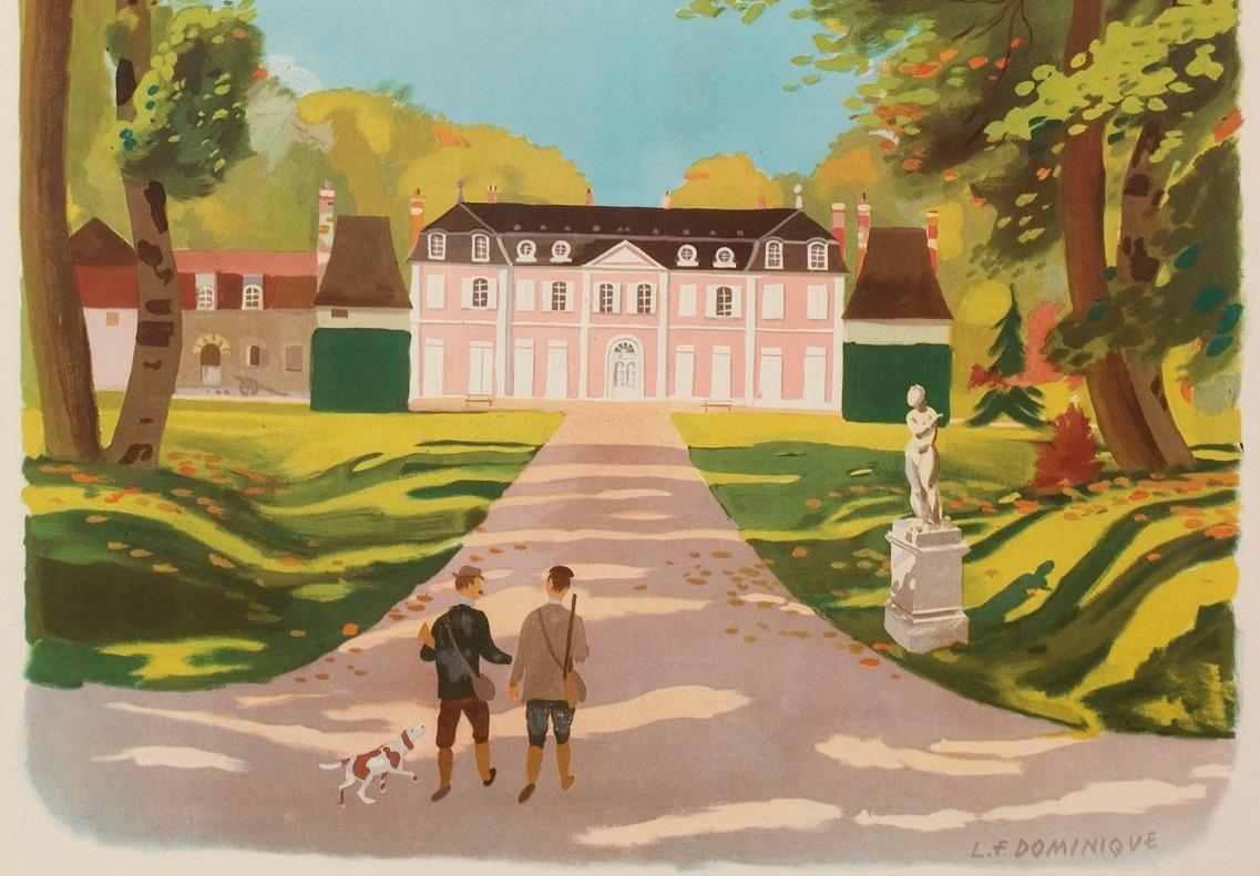 Original vintage poster by Dominique L.F. printed in 1946.

Poster by the National Society of French Railways (SNCF) to promote tourism in the Ile de France, including walks in the surrounding nature.

Here, two hunters (rifles on the shoulder,