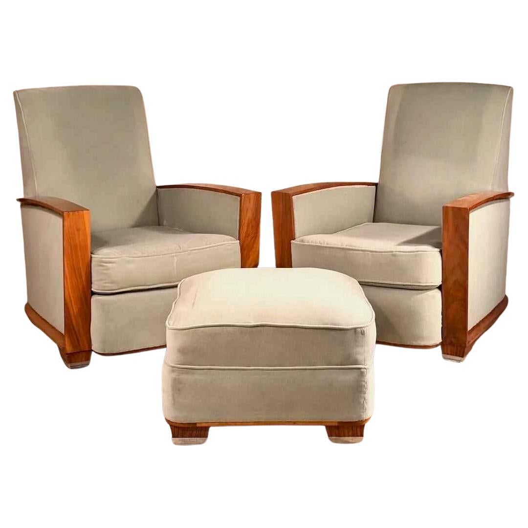 Dominique pair of French Modernist Art Deco club chairs with footstool