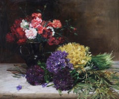 Pittura antica a fiori firmata, incorniciata su tela. Esposto