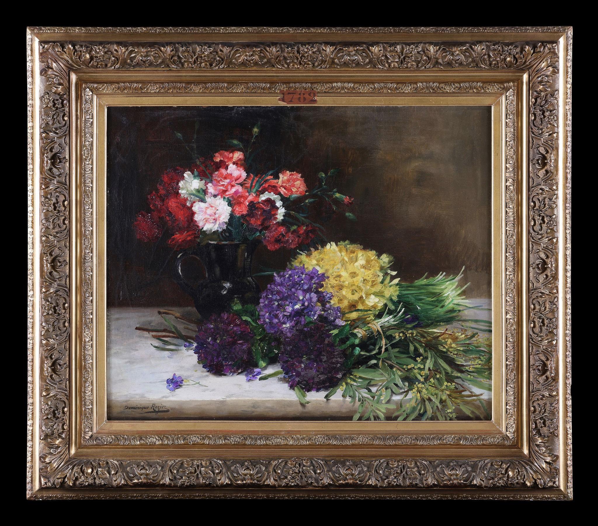 Dominique Rozier  Still-Life Painting - Signed Antique Flower Painting, framed on canvas. Exhibited