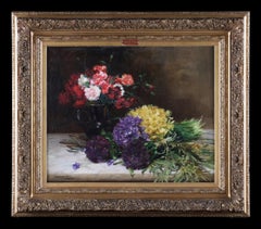 Pittura antica a fiori firmata, incorniciata su tela. Esposto