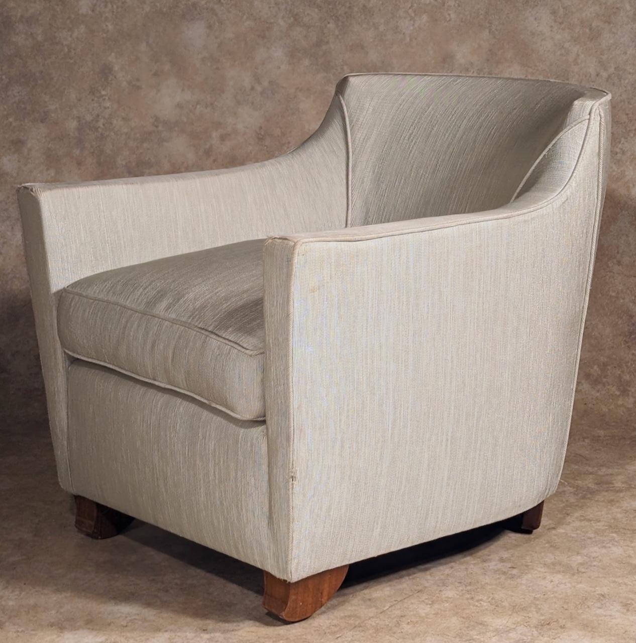 French Art Deco single club chair by Dominique, model used on the French oceanliner Normandie and documented. Pictured in Arts Decoratifs a bord des Paquebots Francais. Please see photo. Usable as is but could be recovered. 27.5” wide x 32” deep x