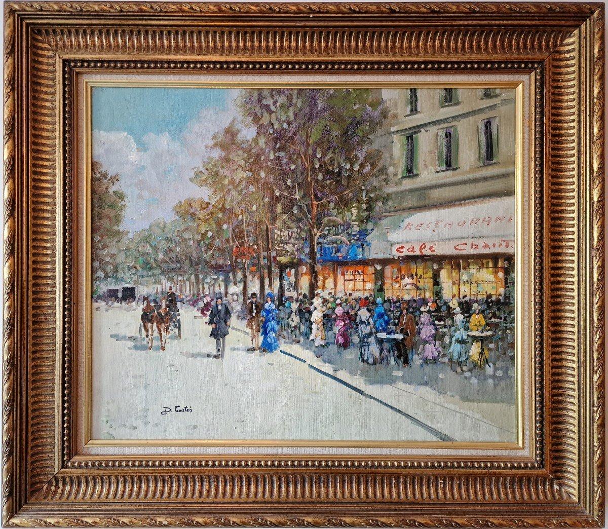 Boulevard of Paris, Animated Large Vintage Oil on Canvas, French Impressionist - Painting by Dominique Tortes