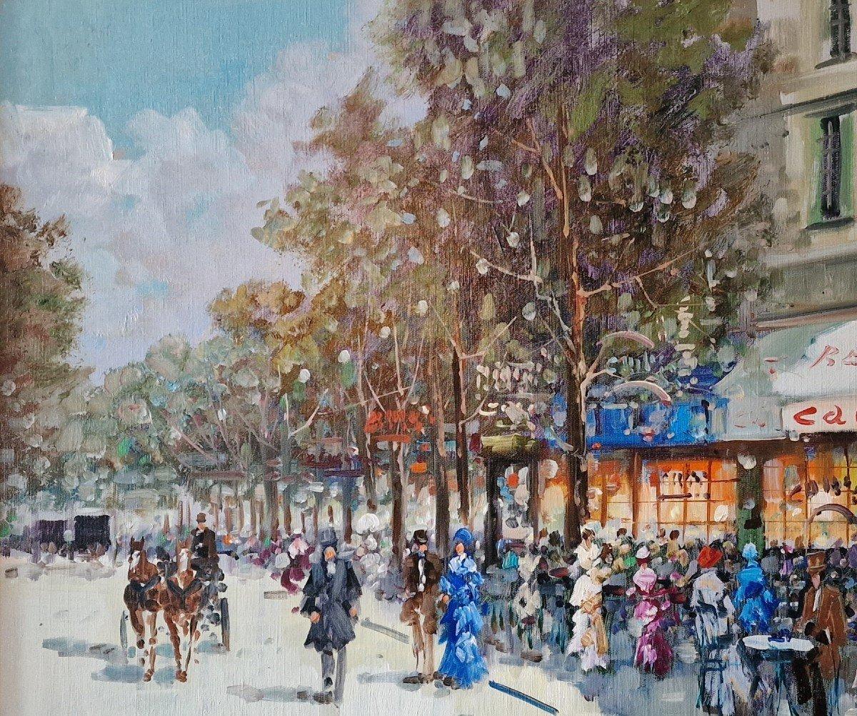 Dominique Tortes' 1970 oil on canvas presents a vivid depiction of a bustling Parisian boulevard, capturing the essence of the city's charm. With masterful strokes, Tortes renders the elegant architecture and lively streets that define Paris. The