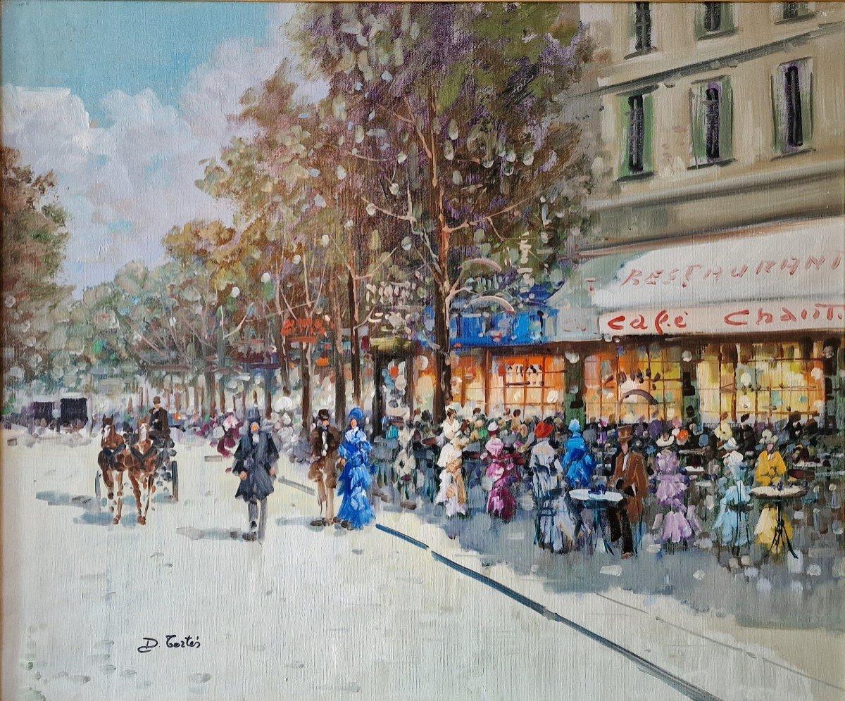 Dominique Tortes Landscape Painting - Boulevard of Paris, Animated Large Vintage Oil on Canvas, French Impressionist
