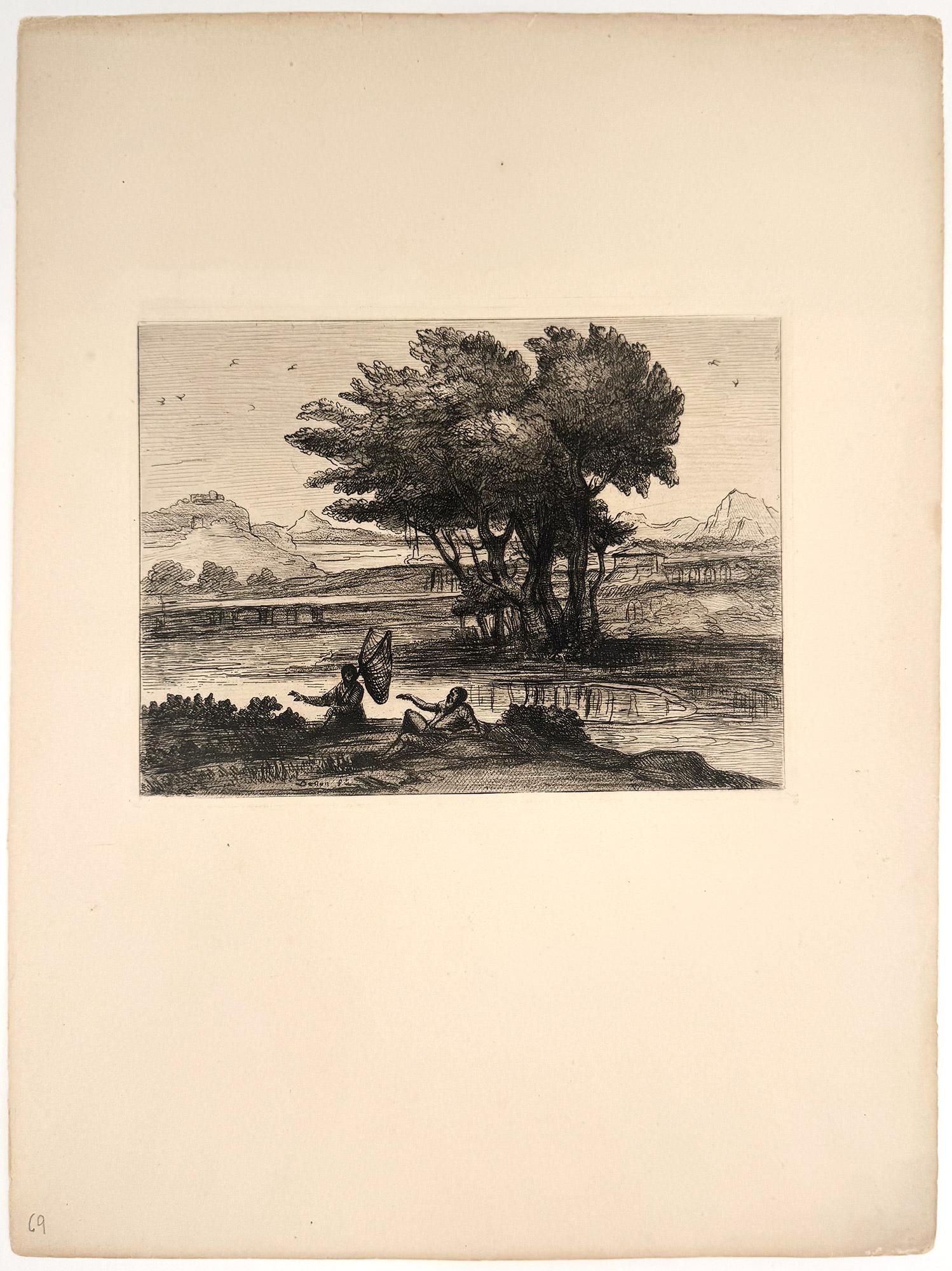 Fishermen resting by a riverbank - Print by Dominique Vivant