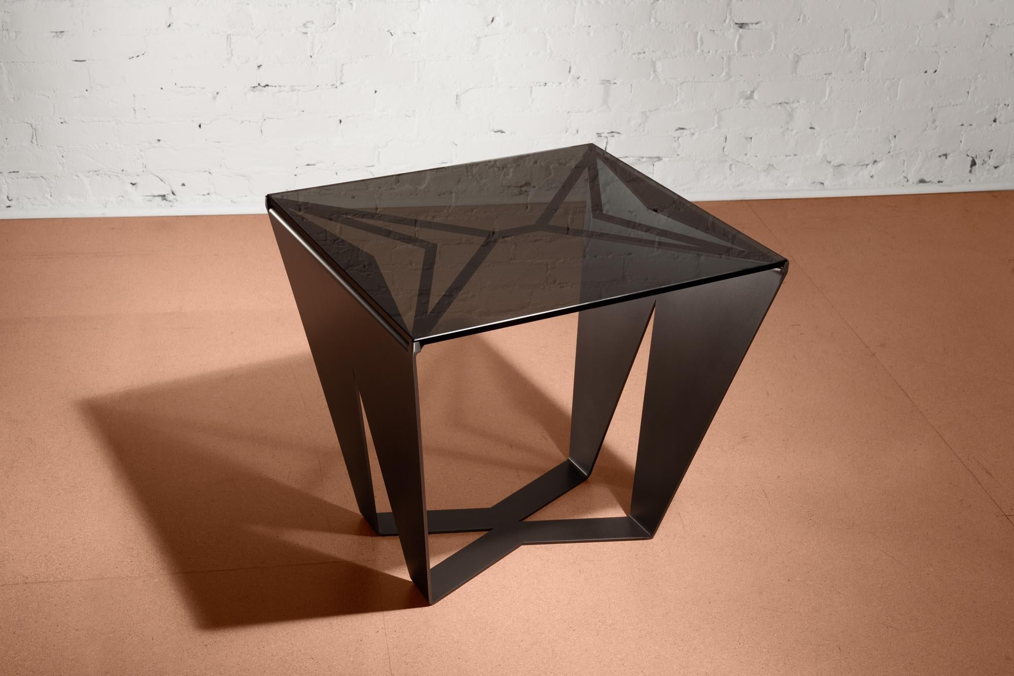 Contemporary Domino Coffee Table, Blackened Steel Smoked Glass, by Force/Collide For Sale