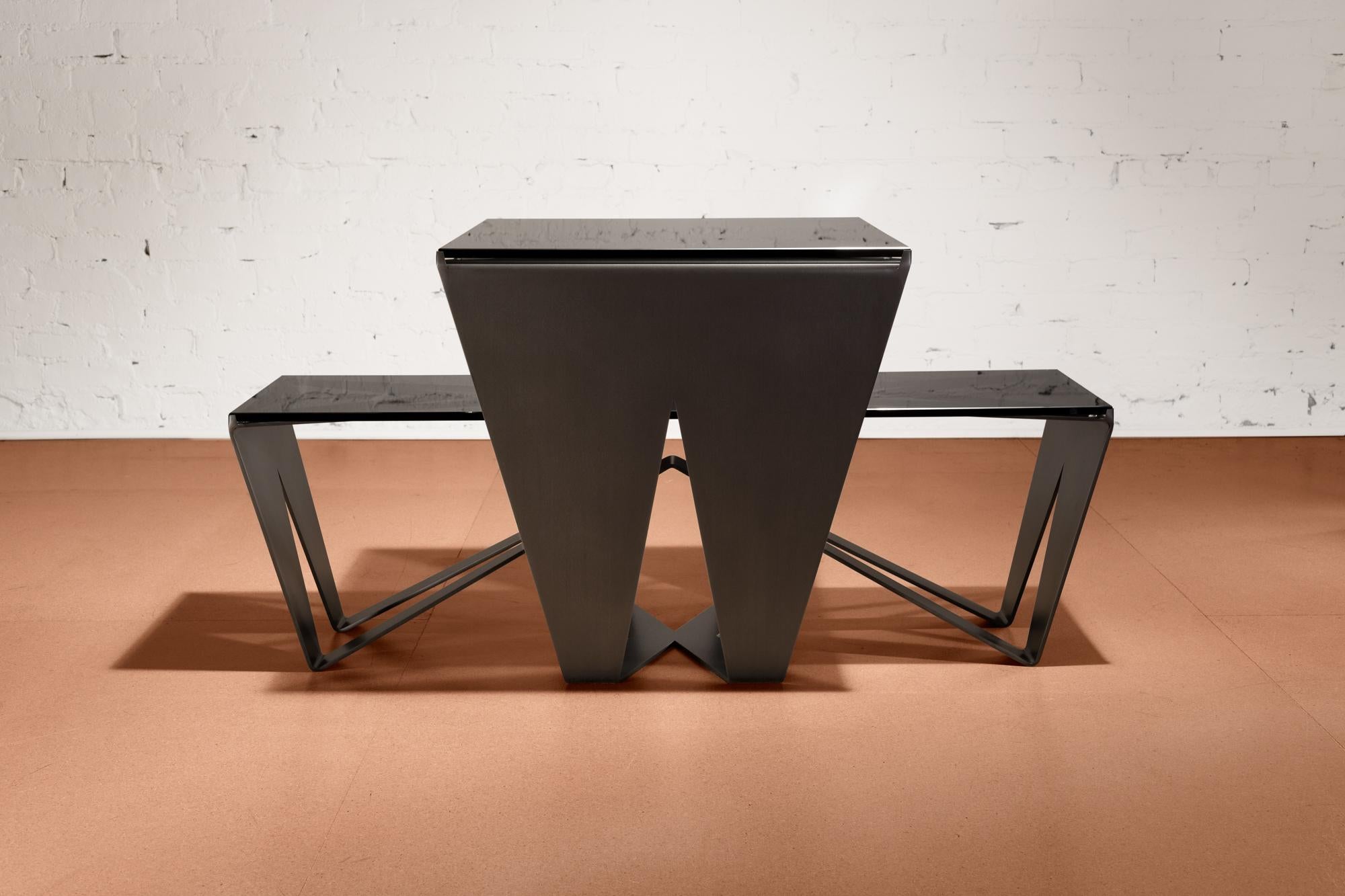 Tempered Nesting Domino Coffee Tables, Blackened Steel, Gray Glass, by Force/Collide For Sale
