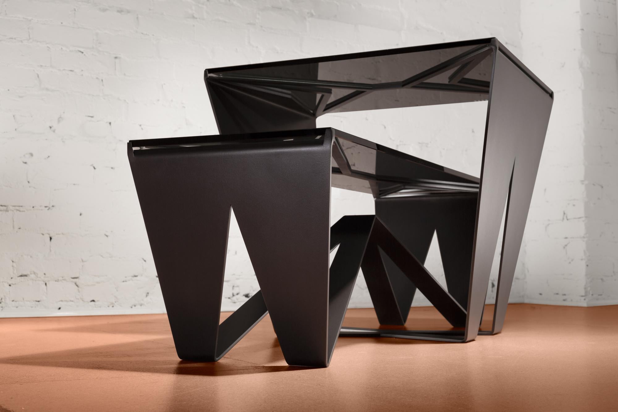 Contemporary Nesting Domino Coffee Tables, Blackened Steel, Gray Glass, by Force/Collide For Sale