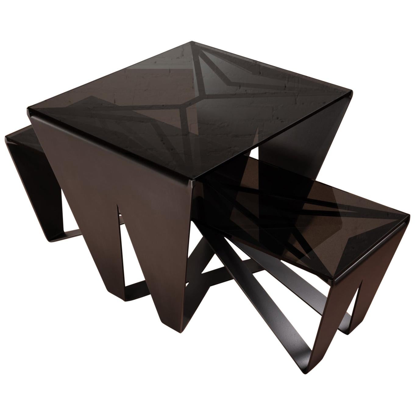 Nesting Domino Coffee Tables, Blackened Steel, Gray Glass, by Force/Collide