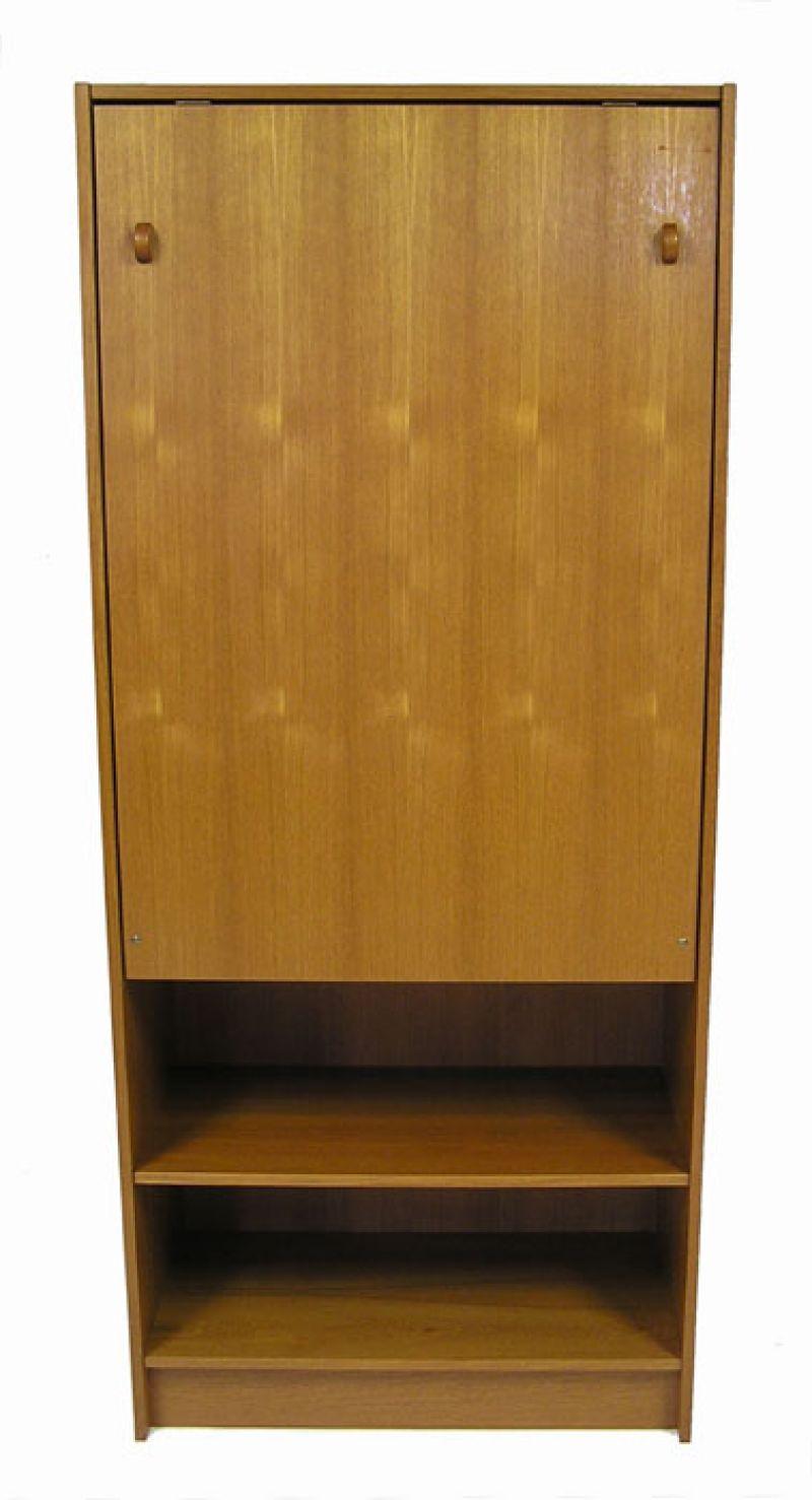 Midcentury unique teak bookshelf desk unit manufactured by Domino Mobler of Denmark. Features a drop front door that converts into a desk or work surface and exposes three additional adjustable shelves when lowered. Great for smaller spaces or for